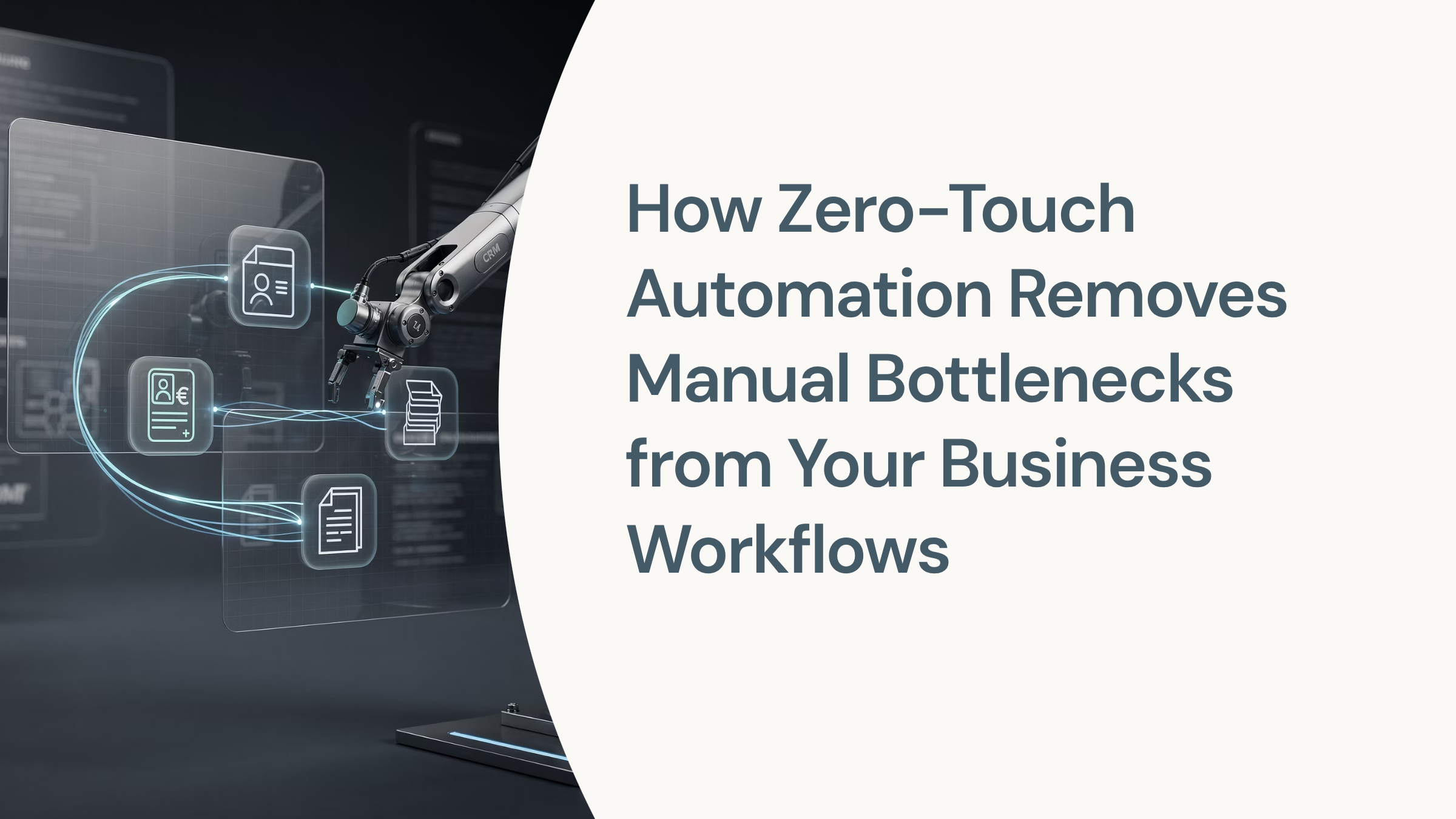 Digital workflow automation visualization with flowing data streams and interconnected nodes representing zero-touch business processes