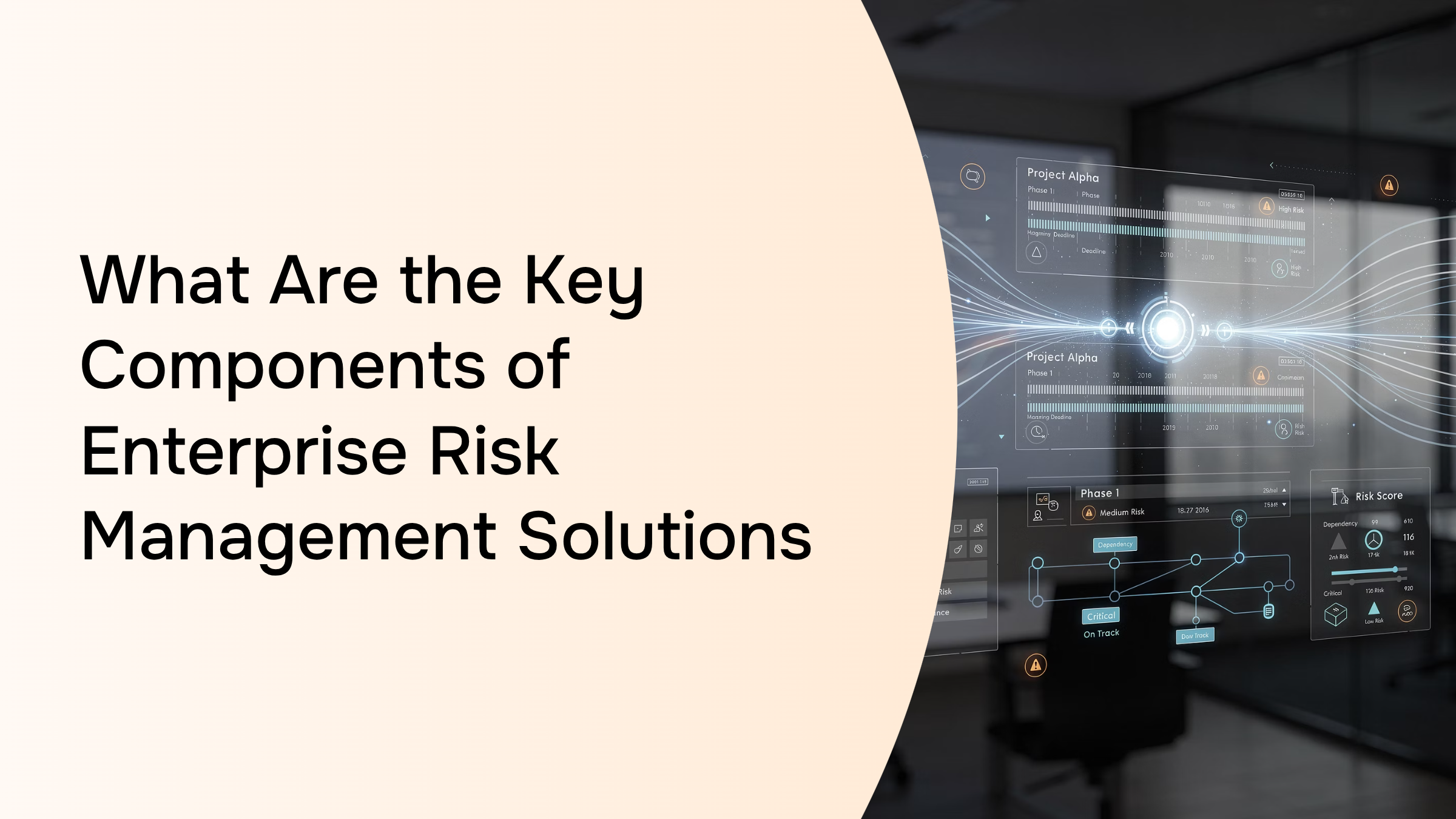 Digital risk management dashboard with interconnected data visualizations on multiple screens representing enterprise risk solutions
