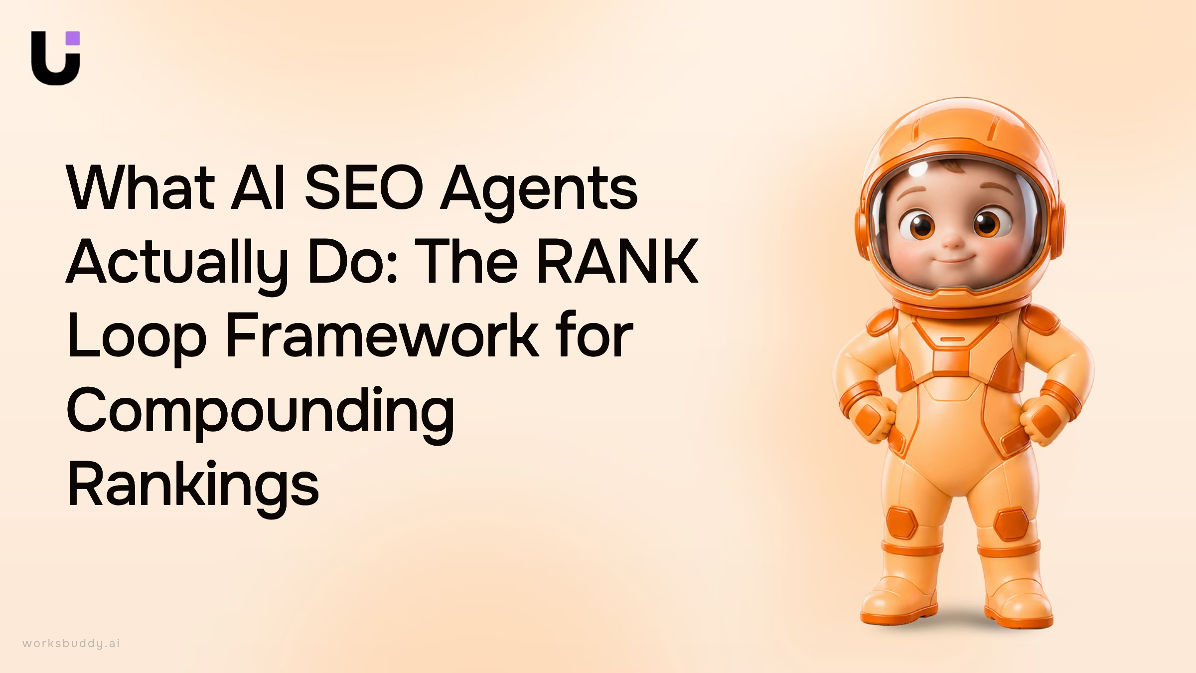 Abstract 3D digital ecosystem with glowing loop arrows and data nodes representing AI-powered SEO agent optimization framework