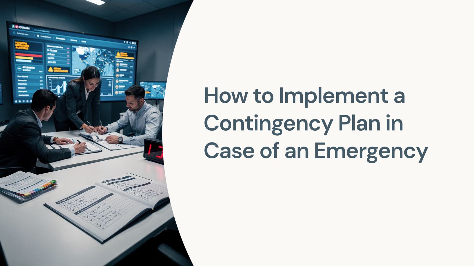 Professional office setup with contingency plan documents and tablet showing organized emergency preparedness