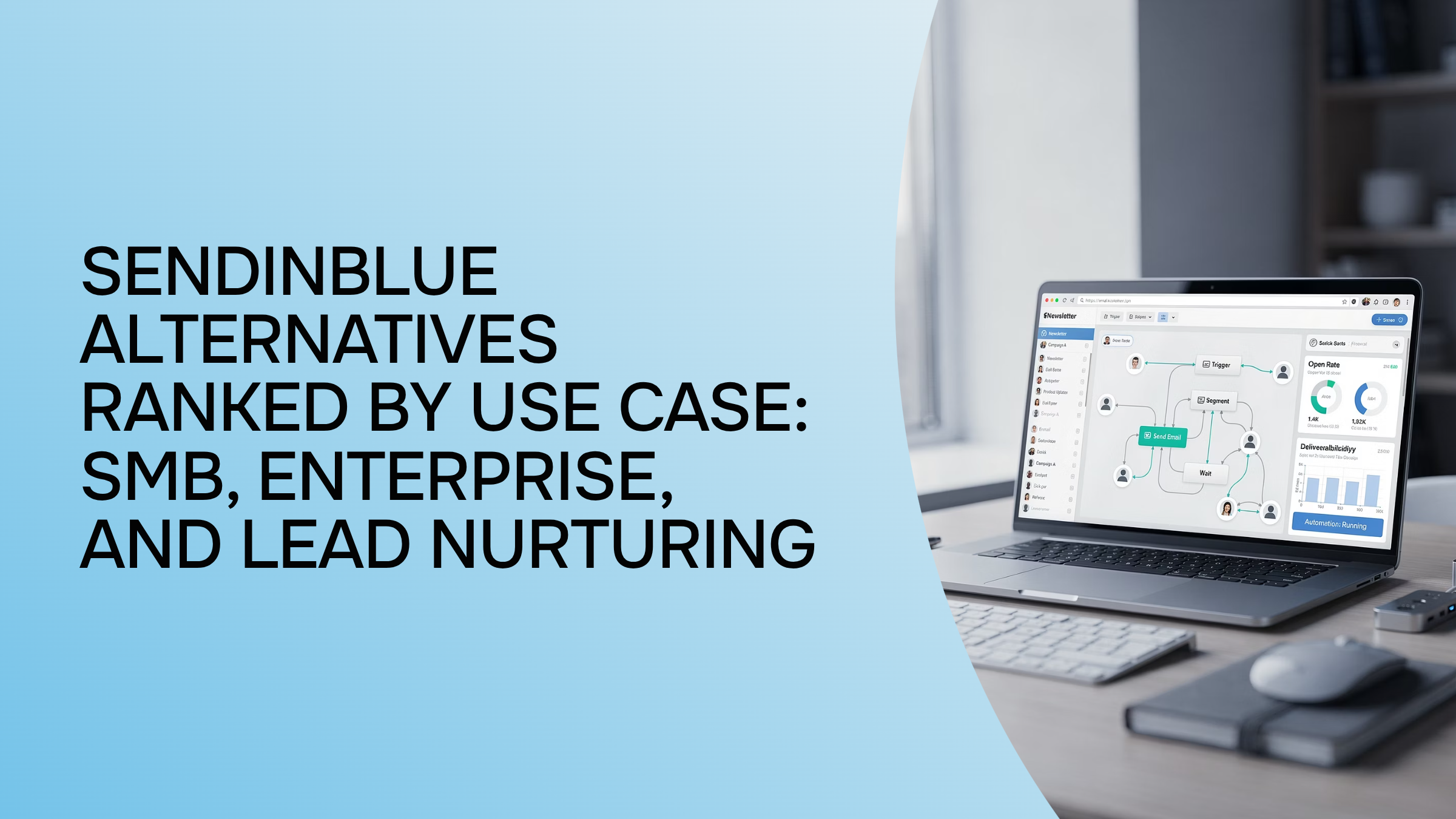 Multiple floating glass screens displaying email marketing analytics and lead management data in professional 3D render