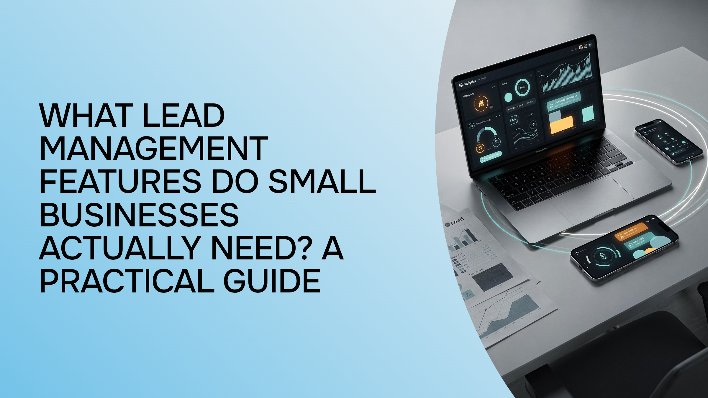 Organized desk with laptop, CRM dashboard, notebook, and smartphone representing lead management tools for small business