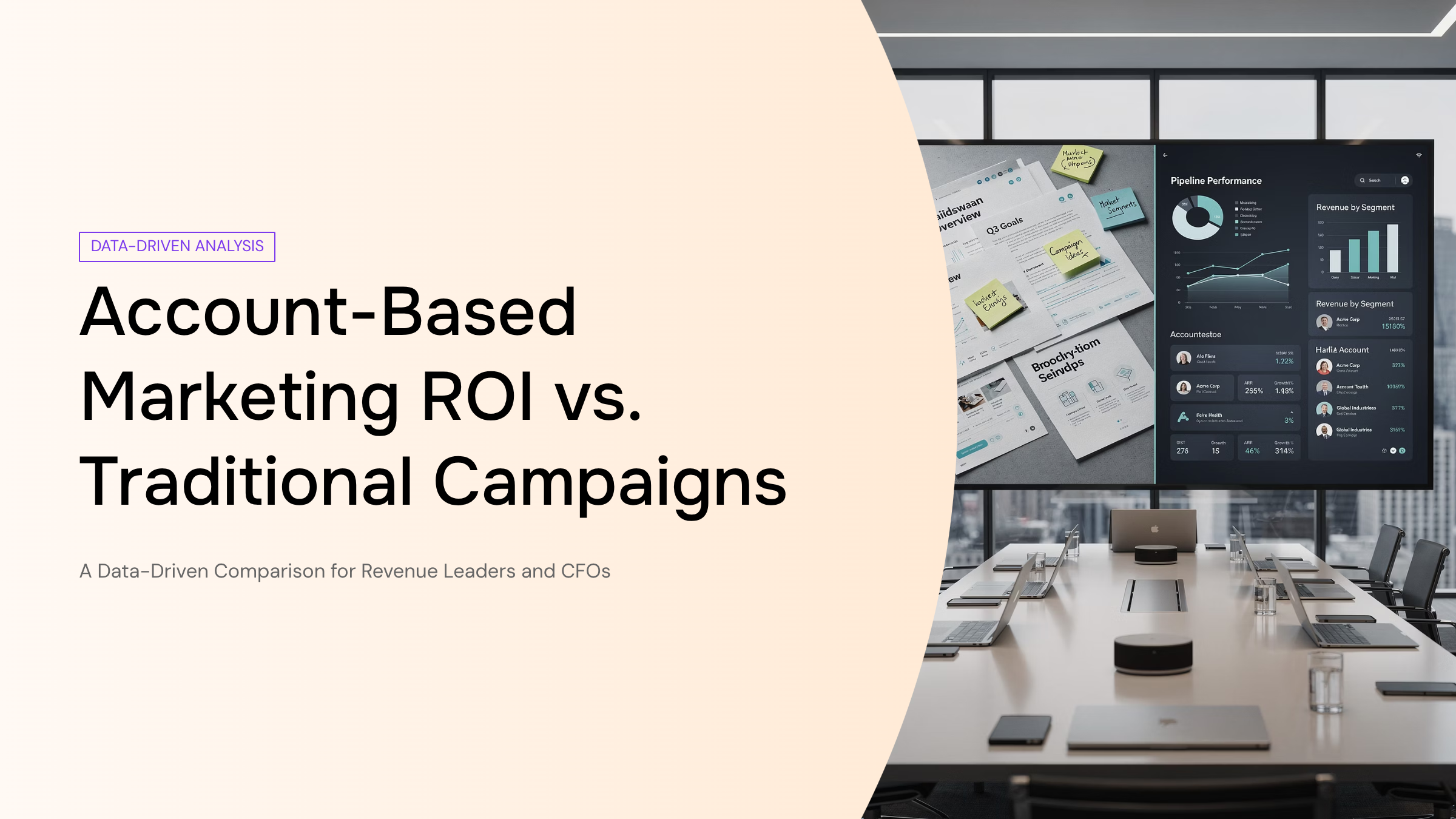 Split-screen comparison of account-based marketing precision versus traditional marketing scatter, showing data metrics and ROI trends