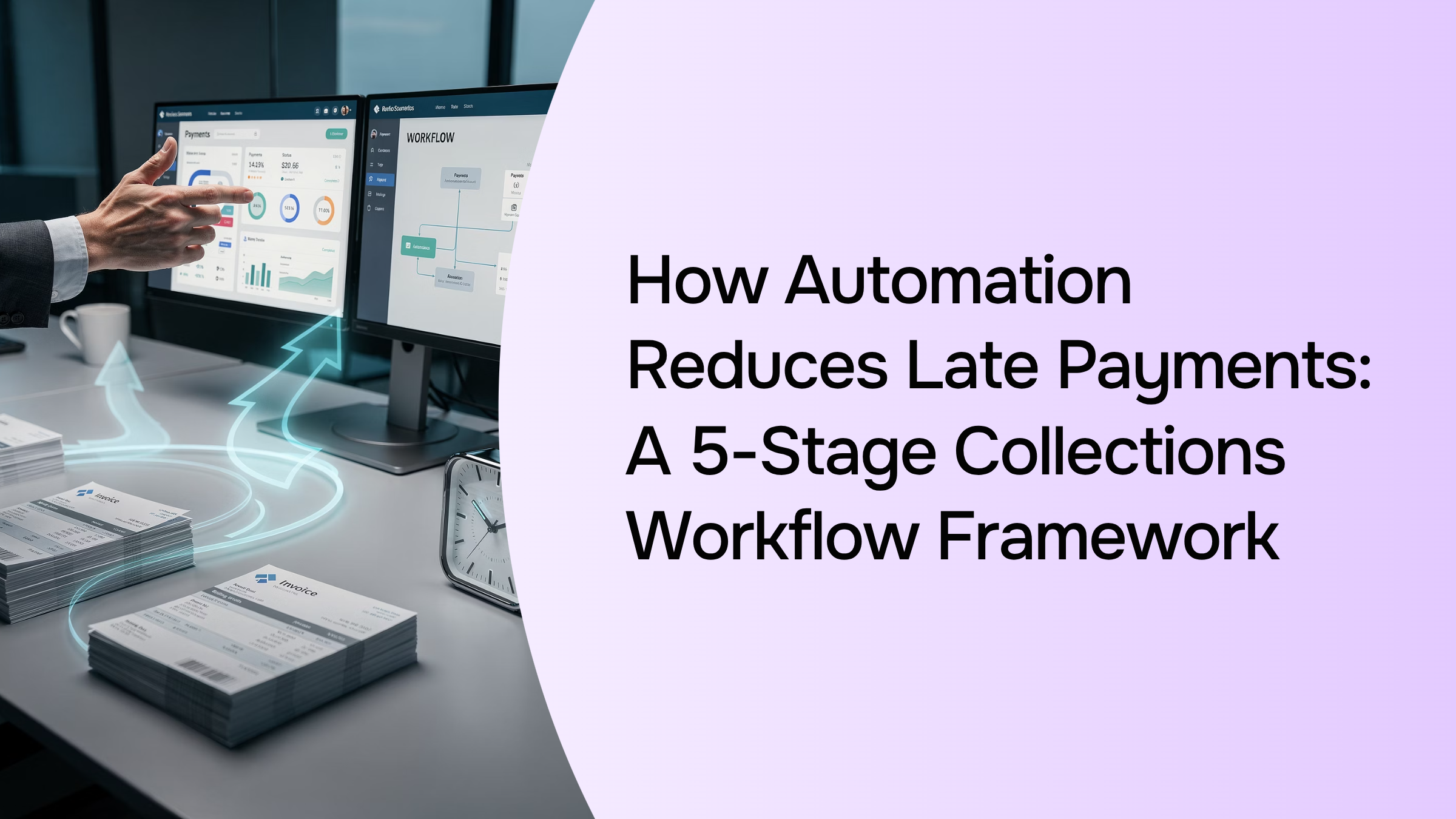 Abstract 3D workflow visualization showing five connected stages of automated collections process in blue and silver tones