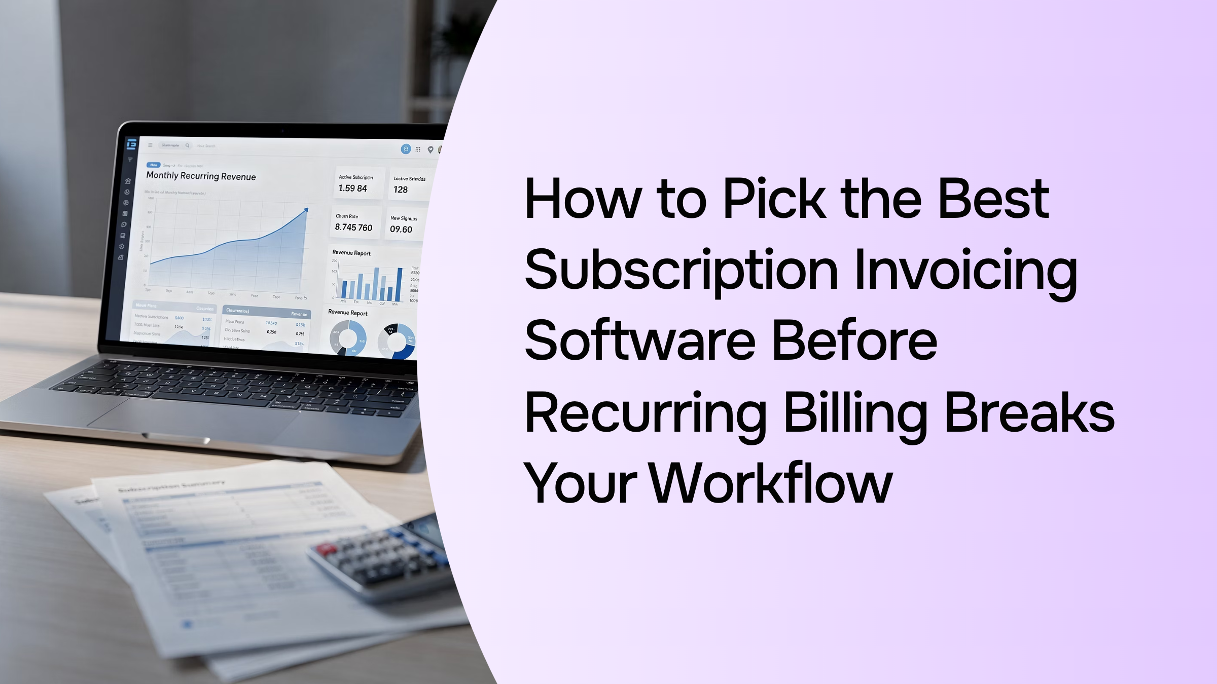 Professional dashboard showing subscription invoicing software interface with financial metrics and recurring billing data on modern office monitors