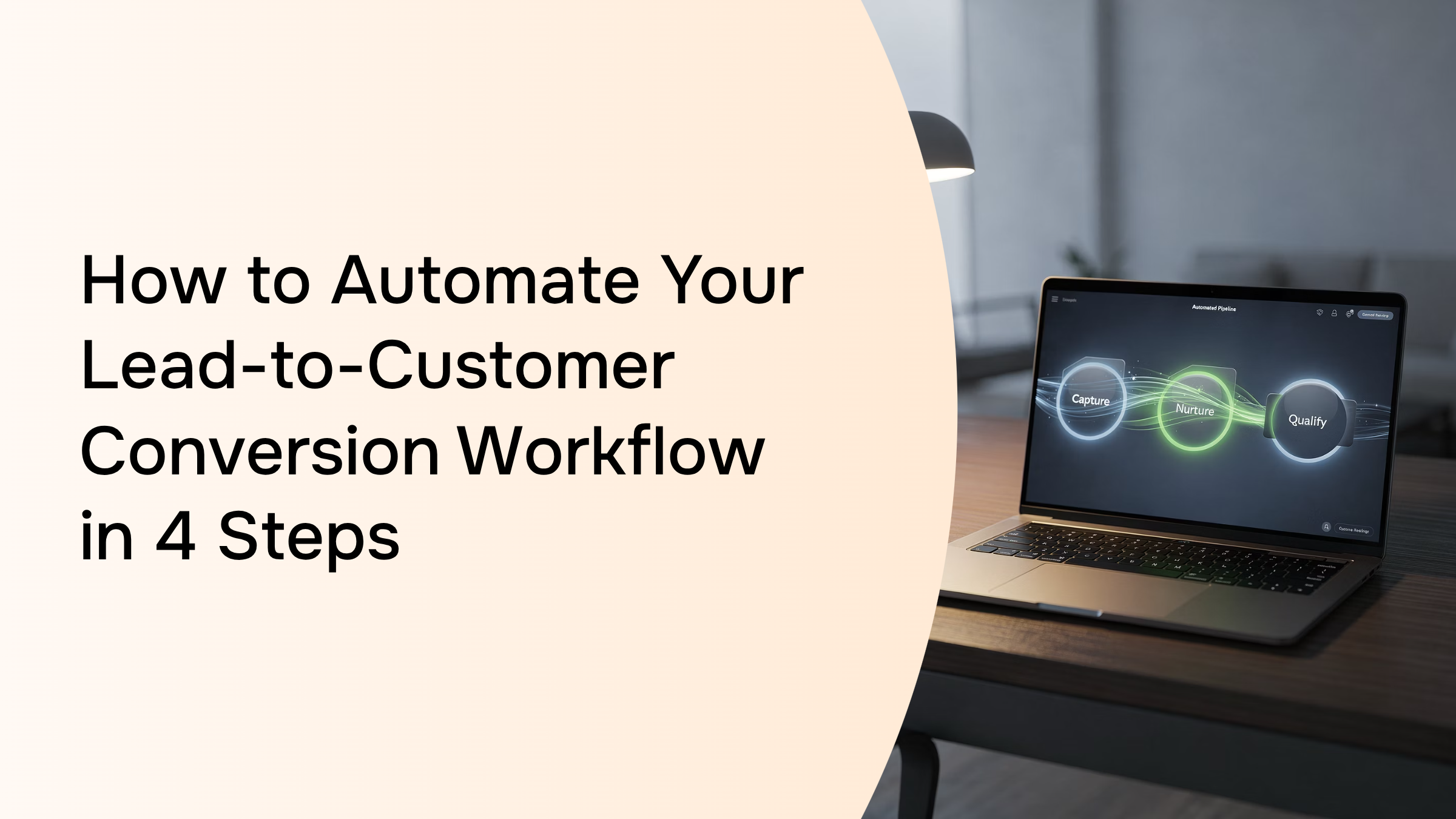 Four-stage lead-to-customer conversion workflow automation pipeline in modern 3D render with blue and white nodes connected by glowing pathways