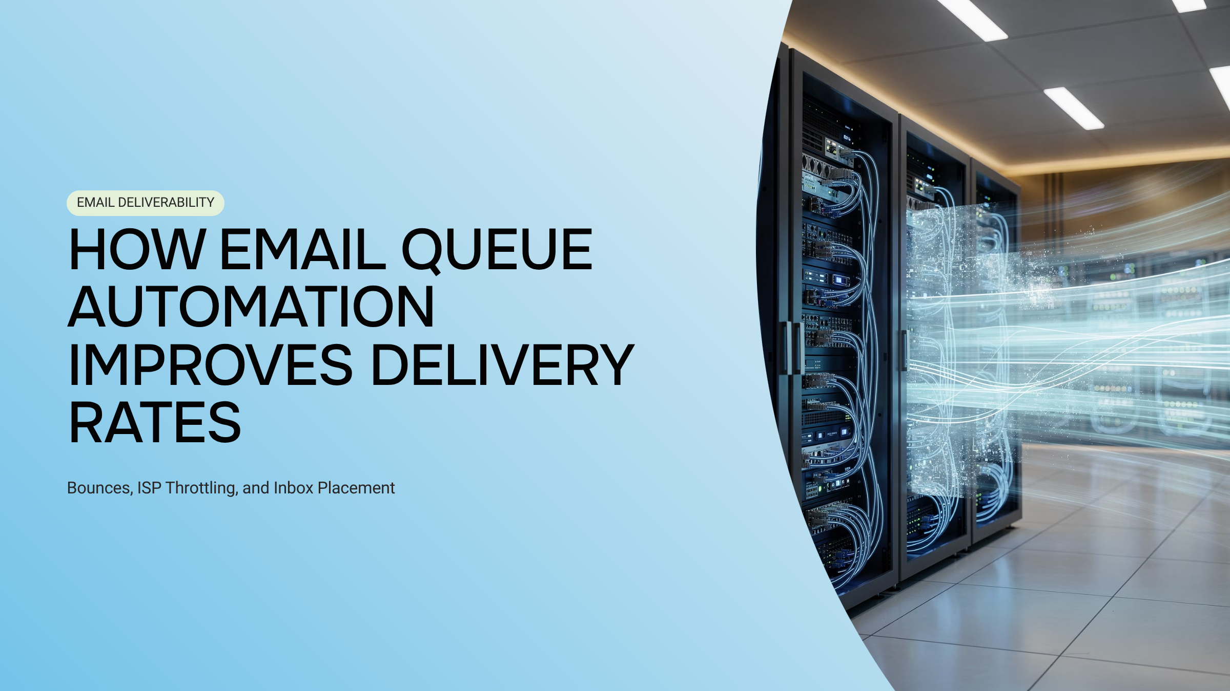 Email queue automation system with data streams and delivery metrics dashboard in modern 3D render