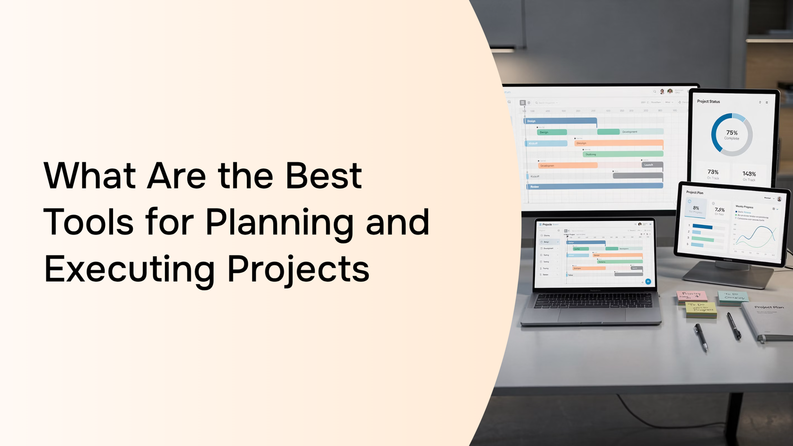 Organized project planning tools on a modern desk with tablet, notebook, and workflow elements in clean lighting