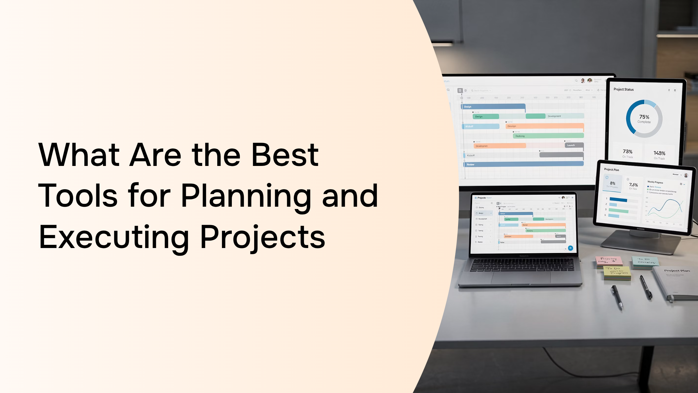 Organized project planning tools on a modern desk with tablet, notebook, and workflow elements in clean lighting