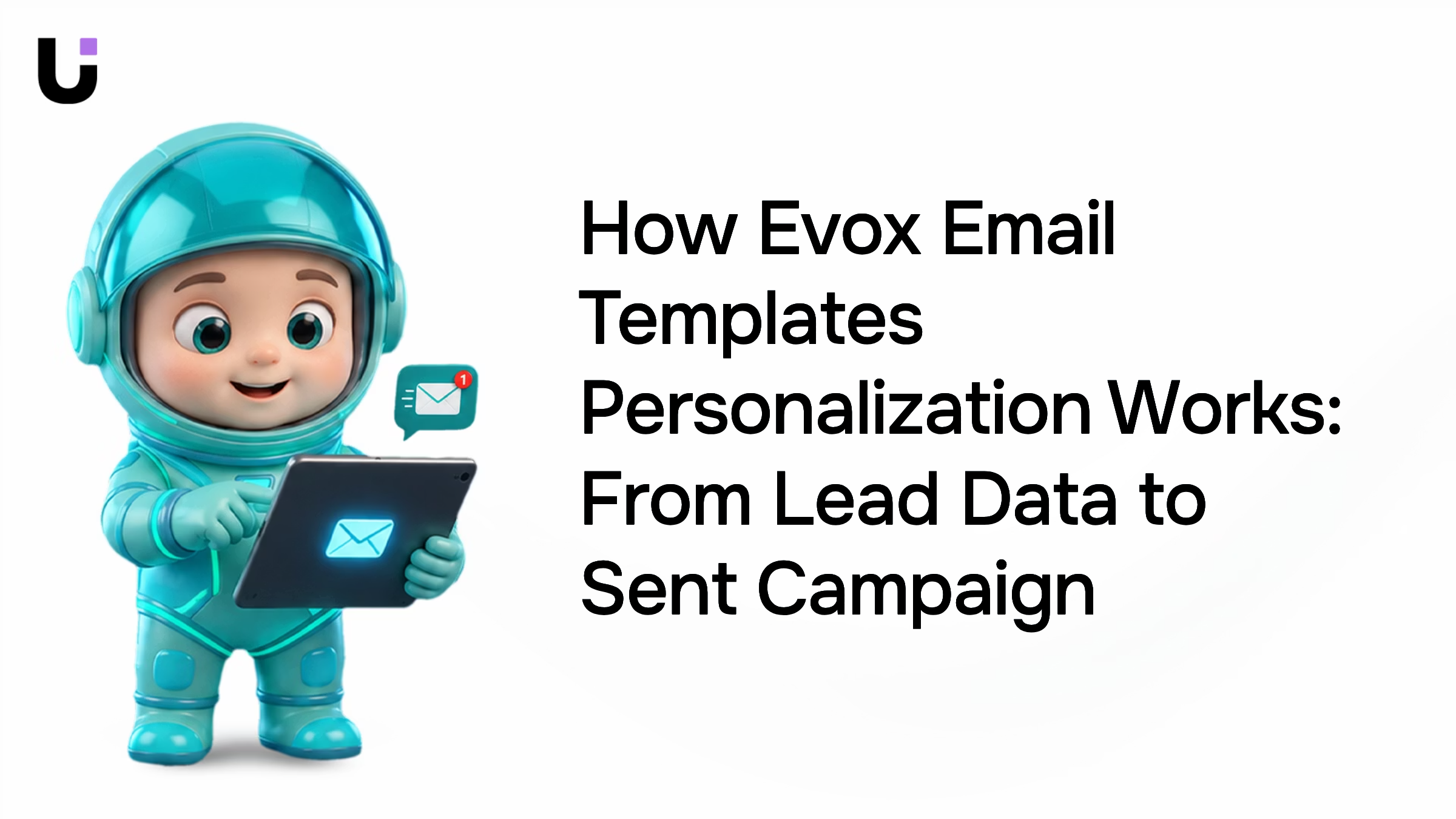 Digital workflow visualization showing email template personalization with laptop, data nodes, and blue accents on clean gradient background