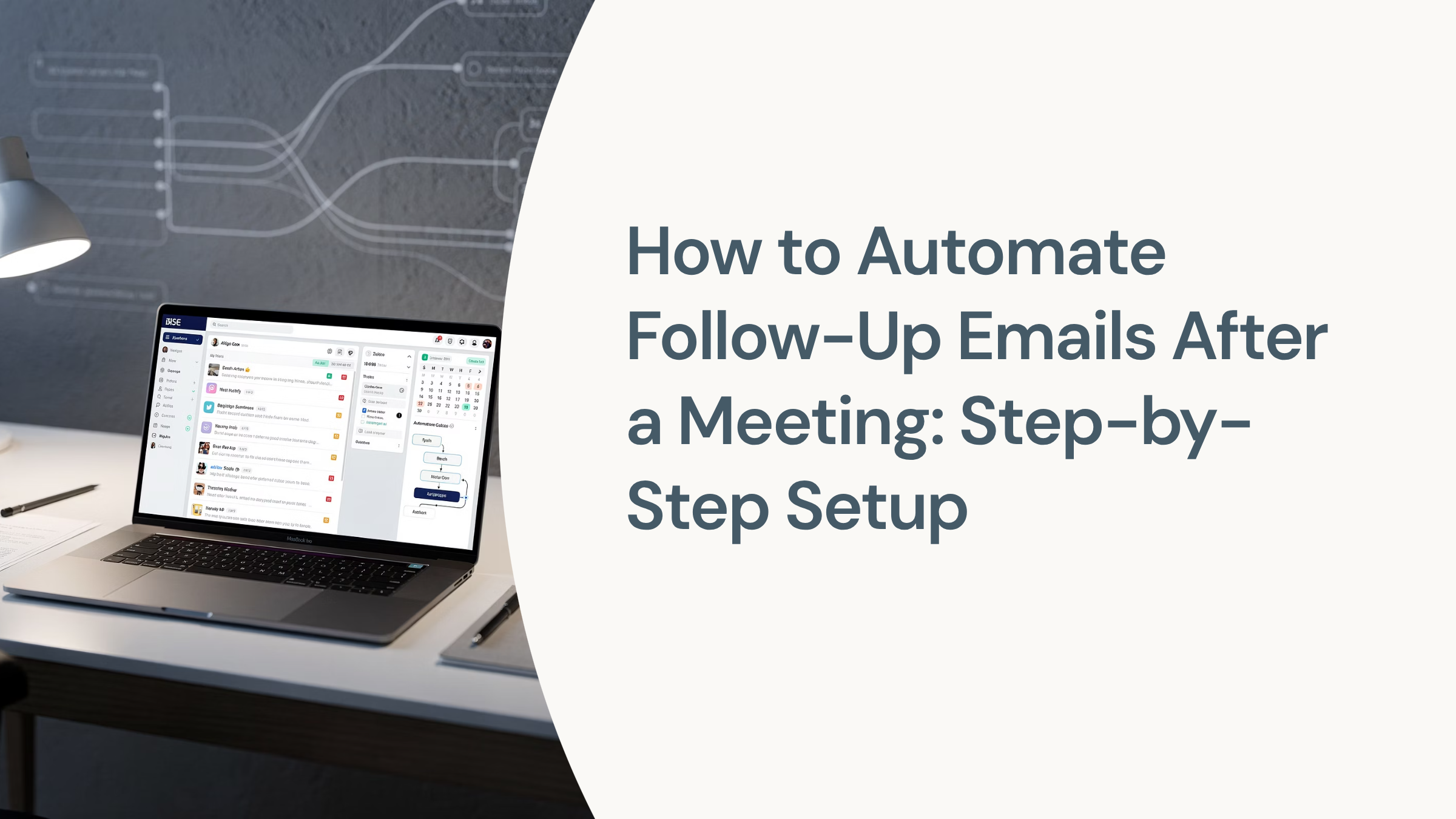 Professional workspace showing laptop with email automation dashboard and smartphone with meeting reminders on organized desk