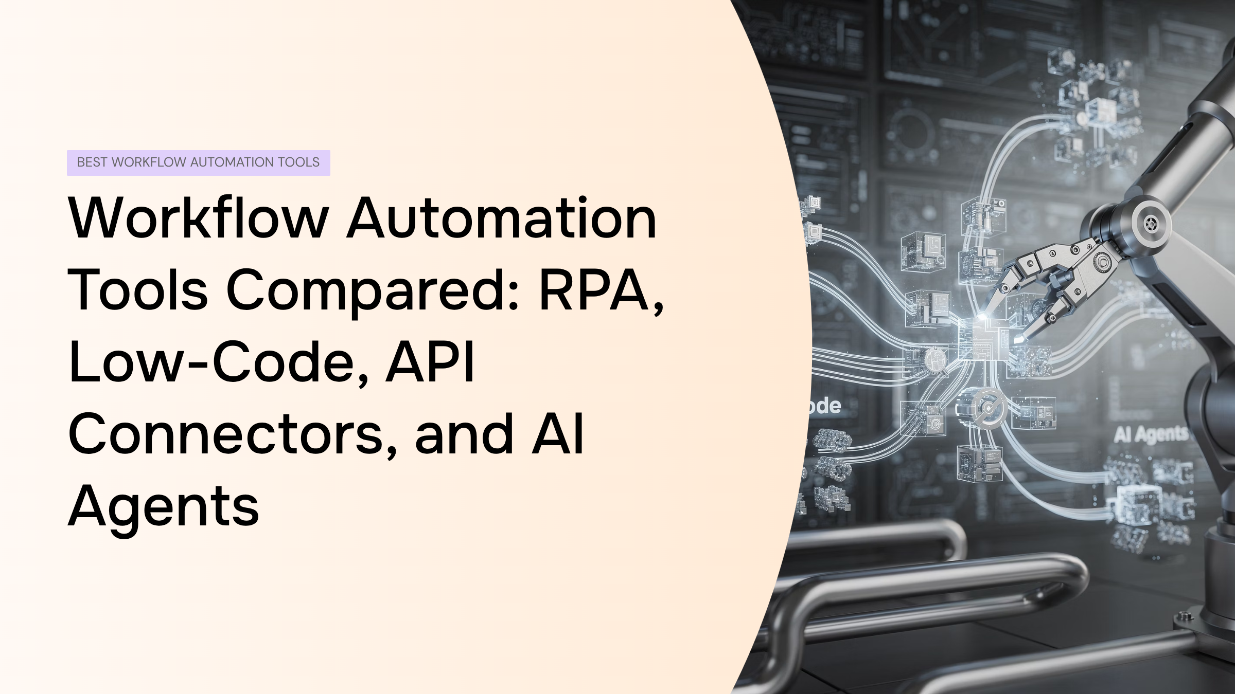 Modern digital workspace with interconnected workflow automation systems and data visualization representing RPA, low-code, APIs, and AI agents