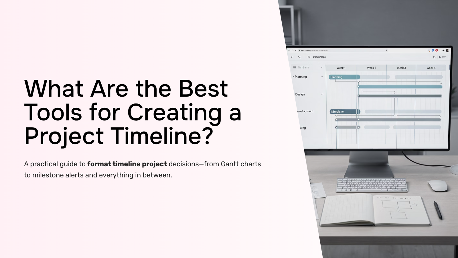 Professional 3D visualization of project timeline tools on a modern workspace desk with Gantt chart display