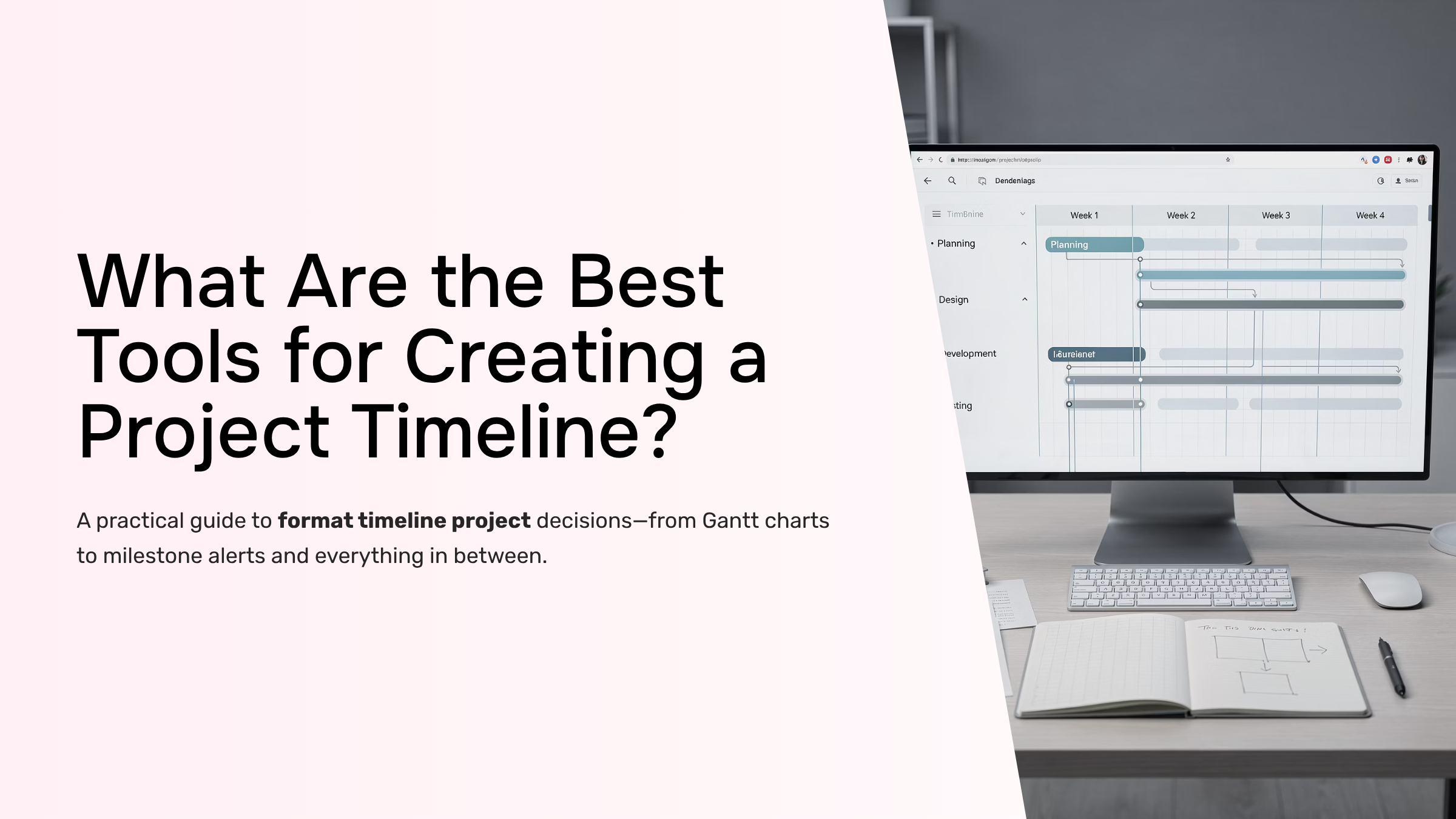 Professional 3D visualization of project timeline tools on a modern workspace desk with Gantt chart display