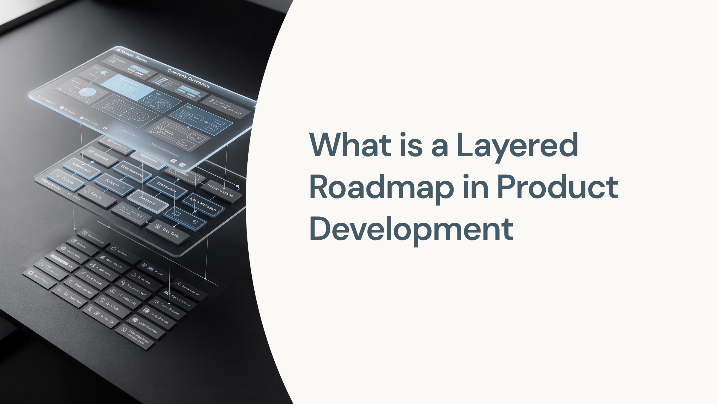 Layered transparent 3D planes in blue and gray representing product development strategy and planning layers
