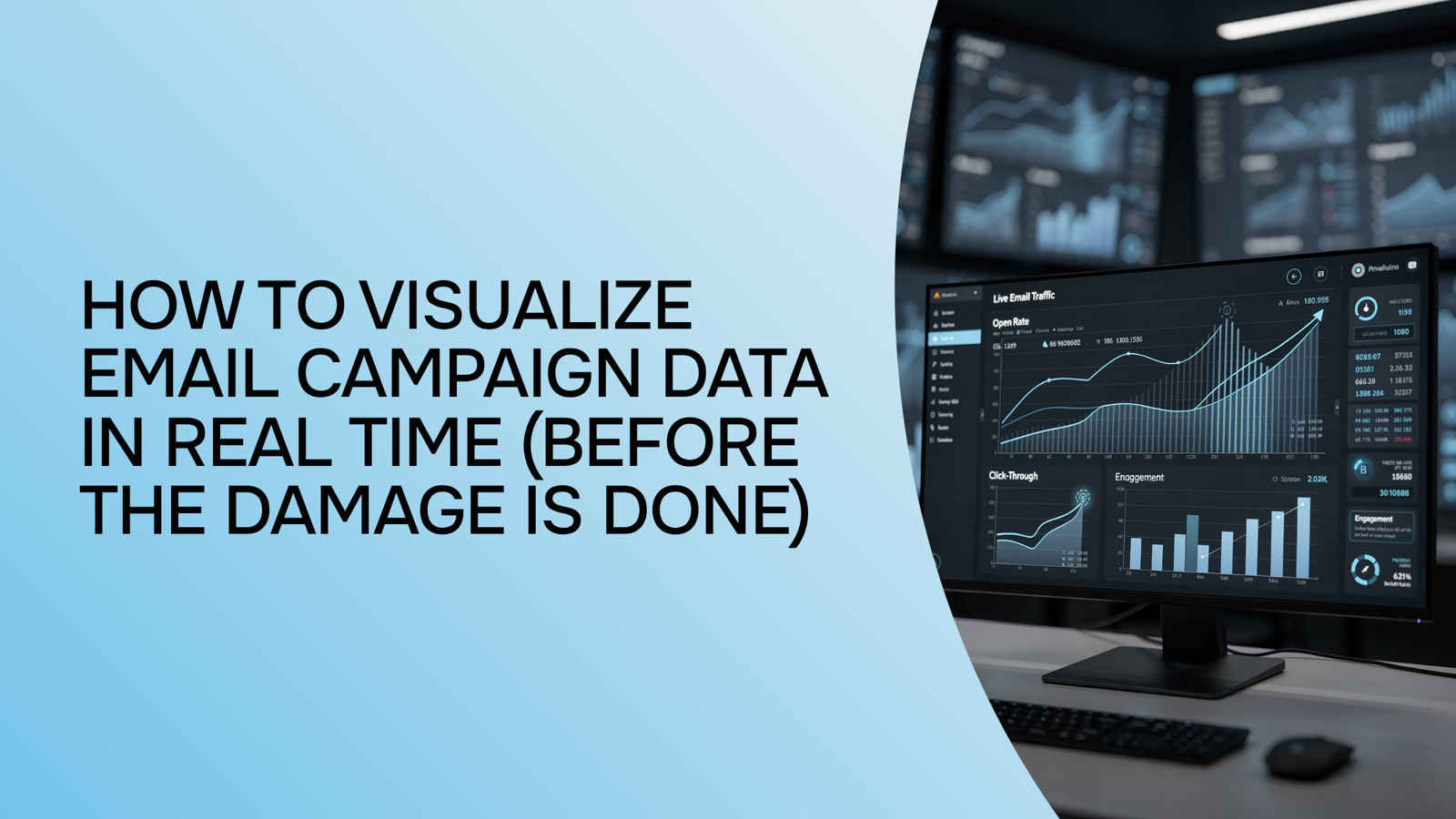 Real-time email campaign data visualization dashboard with dynamic metrics and analytics on modern curved monitor