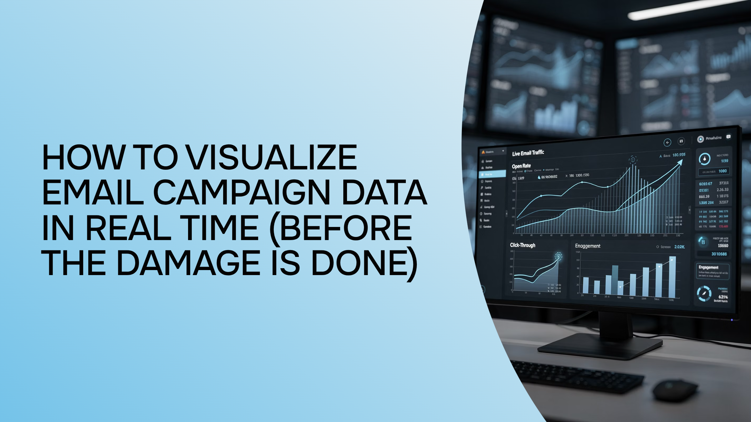 Real-time email campaign data visualization dashboard with dynamic metrics and analytics on modern curved monitor