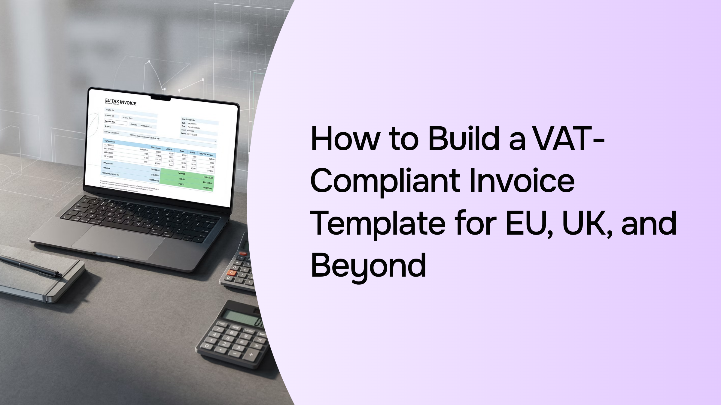 Professional 3D invoice template on minimalist desk representing VAT compliance across EU and UK regulations