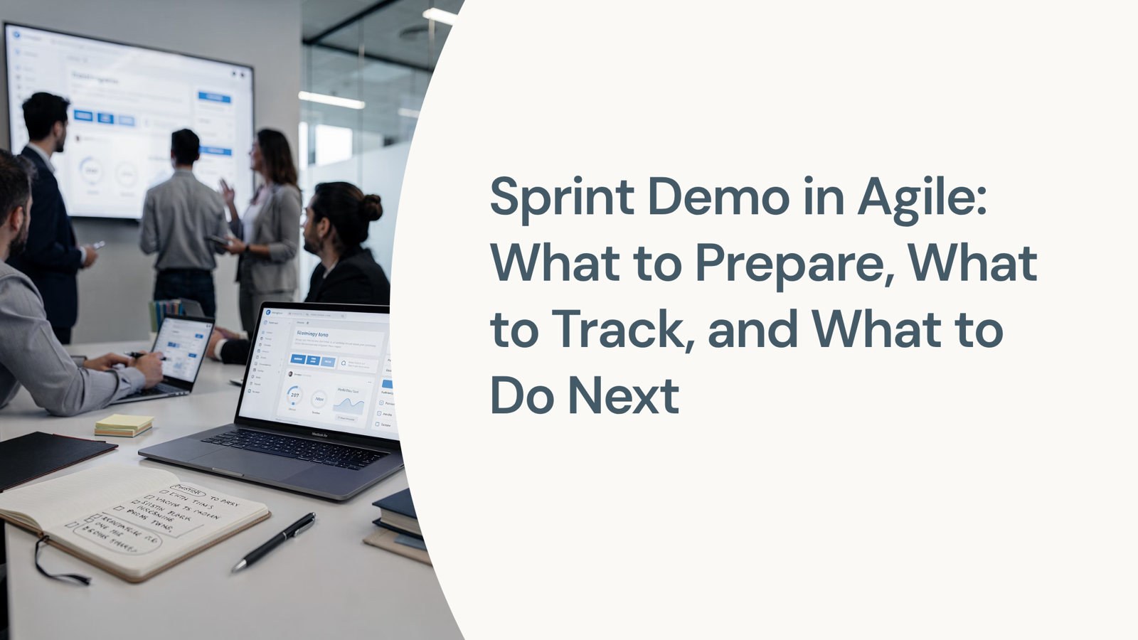 Modern professional workspace with sprint planning dashboard, task cards, and metrics representing agile preparation