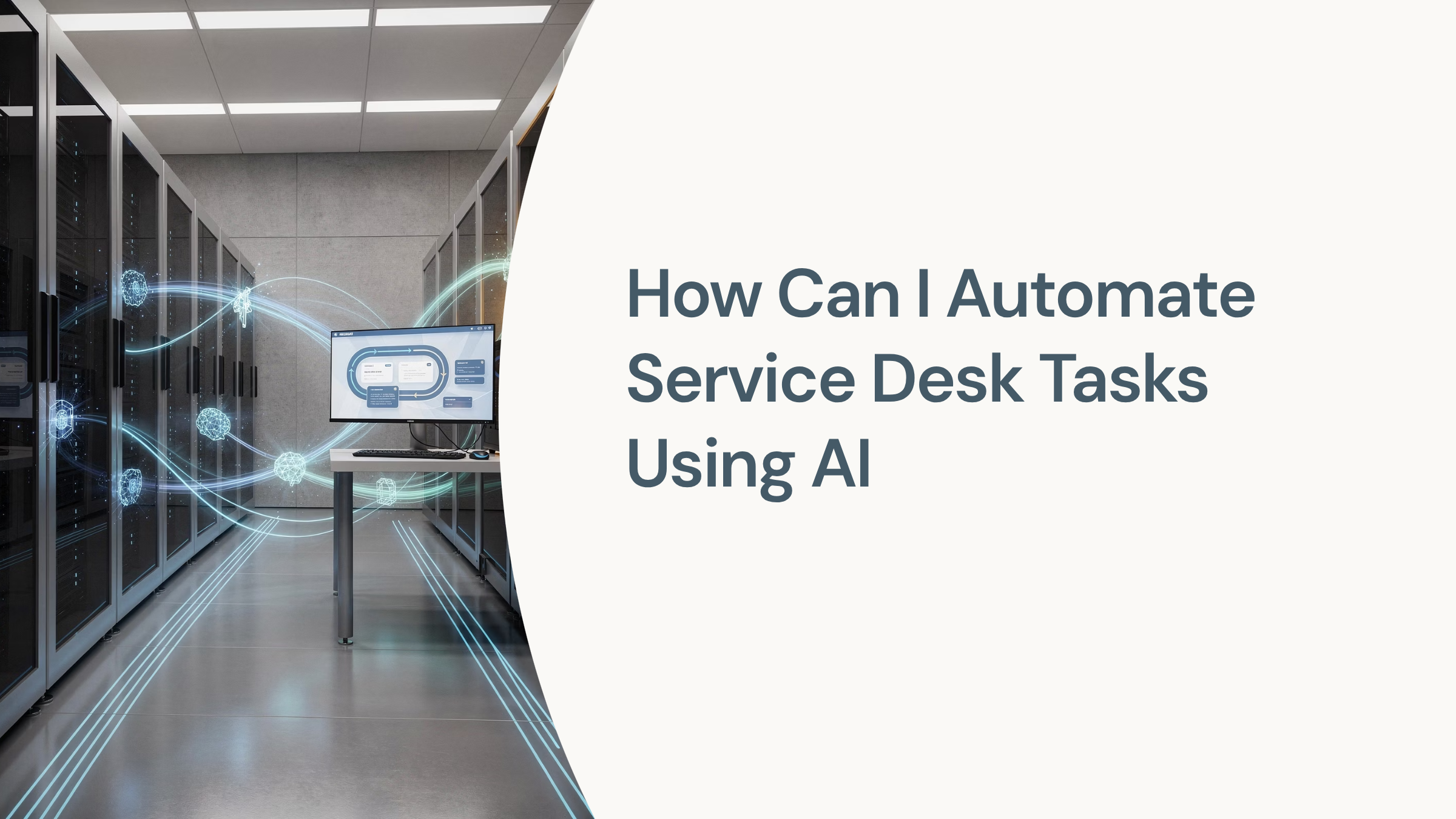 Modern workspace with laptop displaying AI automation dashboard and holographic workflow elements representing service desk automation