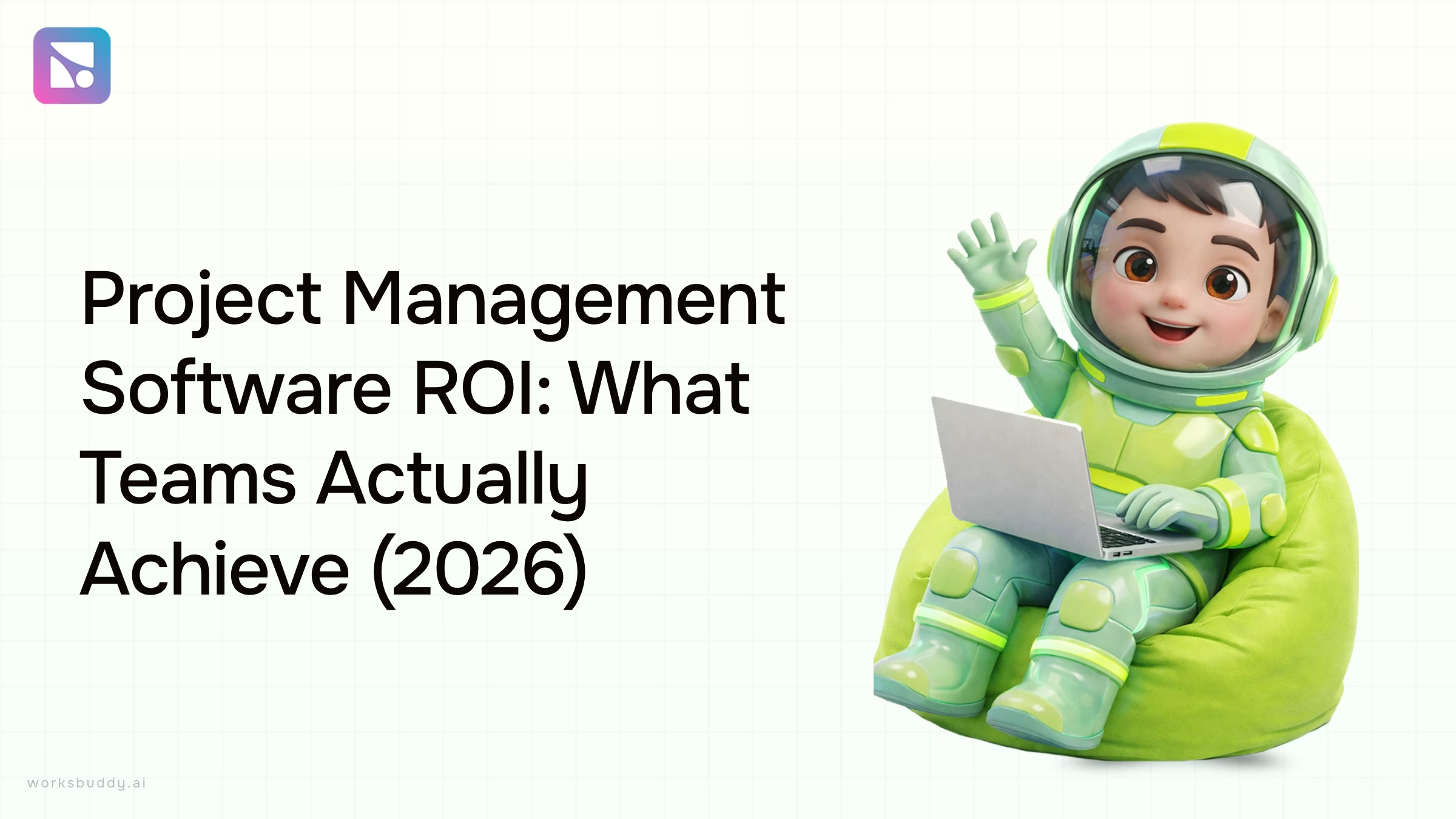 Modern corporate workspace with laptop showing ROI growth charts and project management data