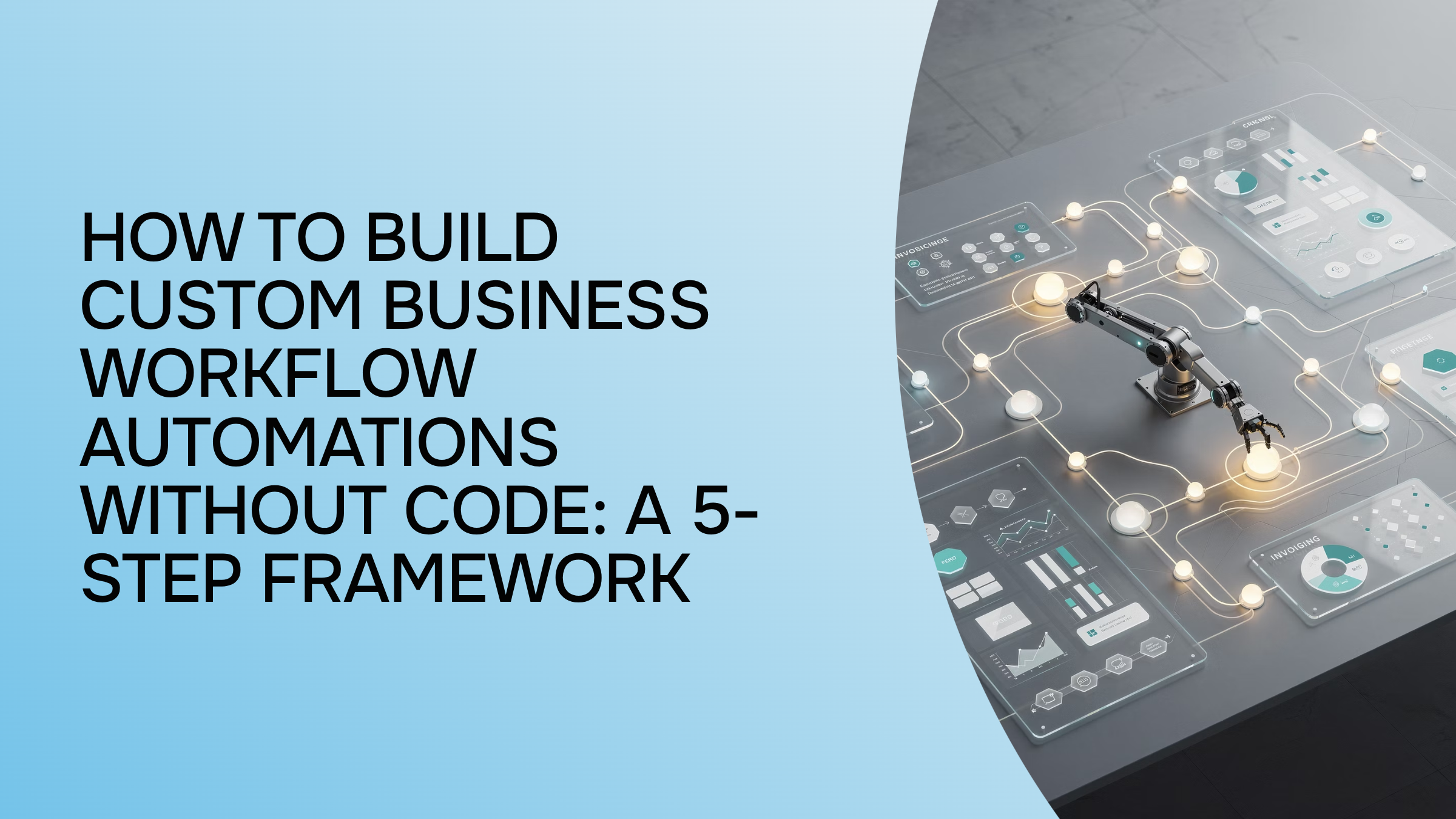 Clean modern workspace with digital workflow automation diagrams and connected process flows on minimalist desk setup