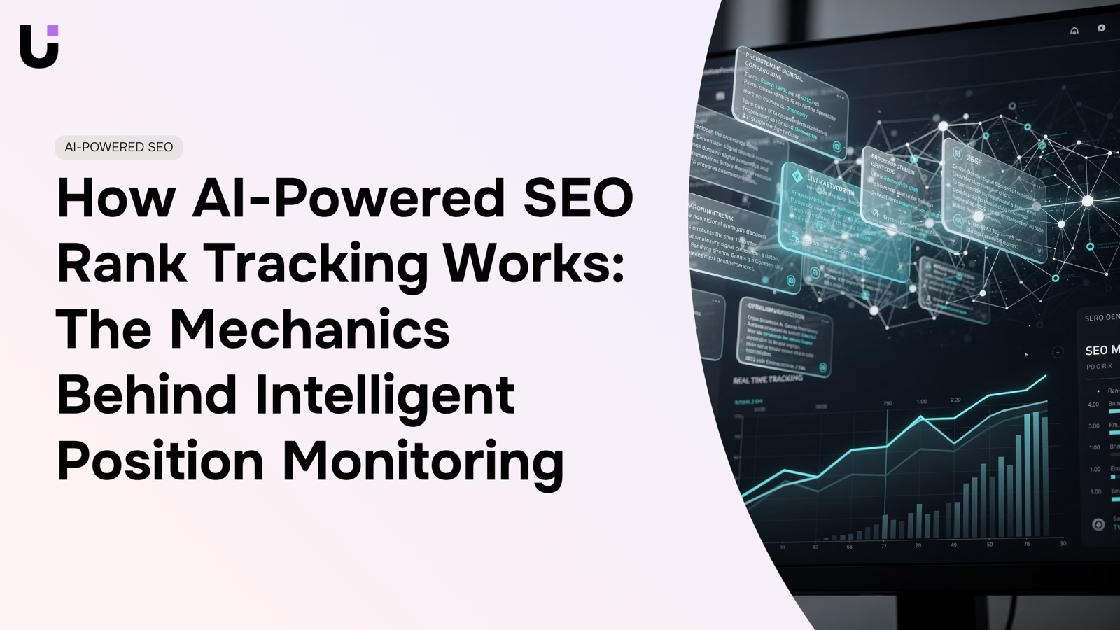 Digital dashboard showing AI-powered SEO rank tracking with upward trending graphs and performance metrics