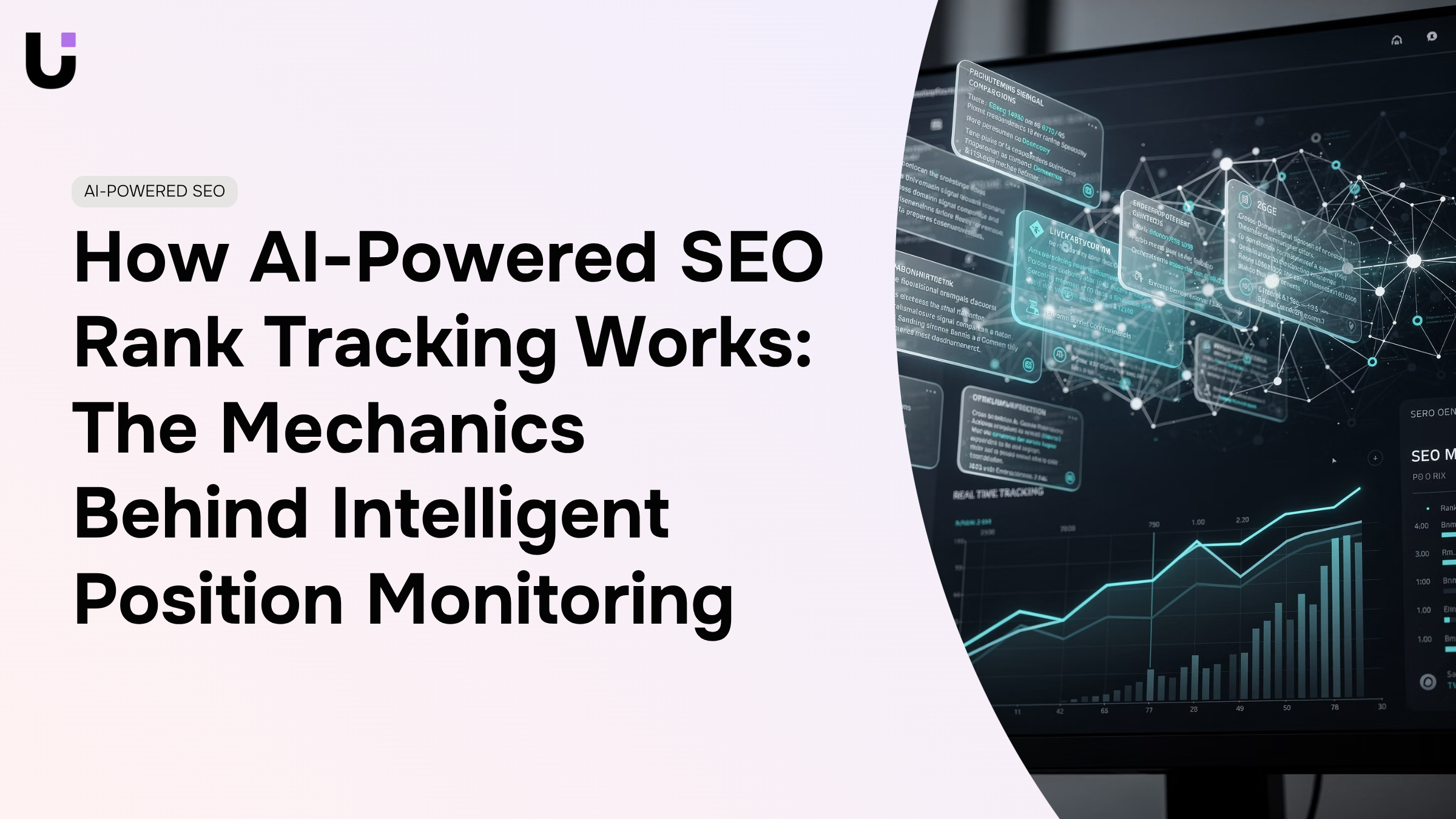 Digital dashboard showing AI-powered SEO rank tracking with upward trending graphs and performance metrics