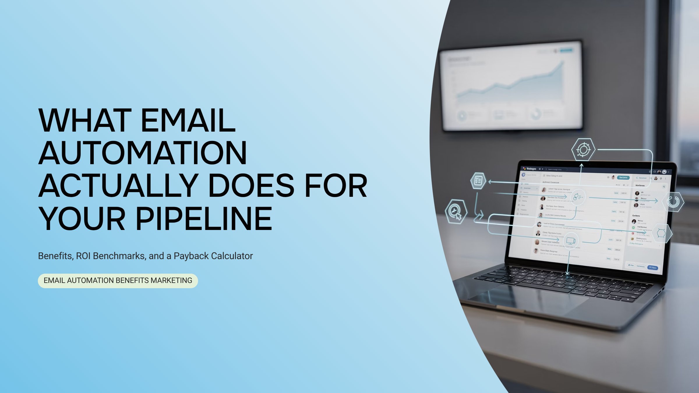 Digital pipeline visualization showing automated email workflow with glowing data streams and ROI metrics dashboard