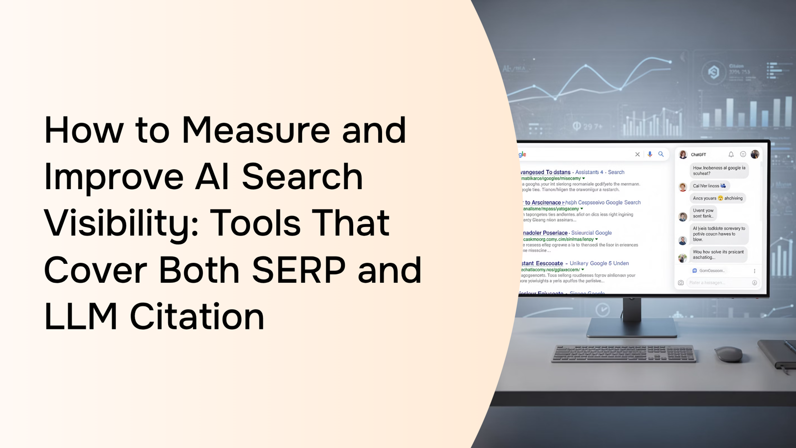 Modern 3D dashboard displaying AI search visibility metrics and SERP analytics with interconnected data visualization nodes