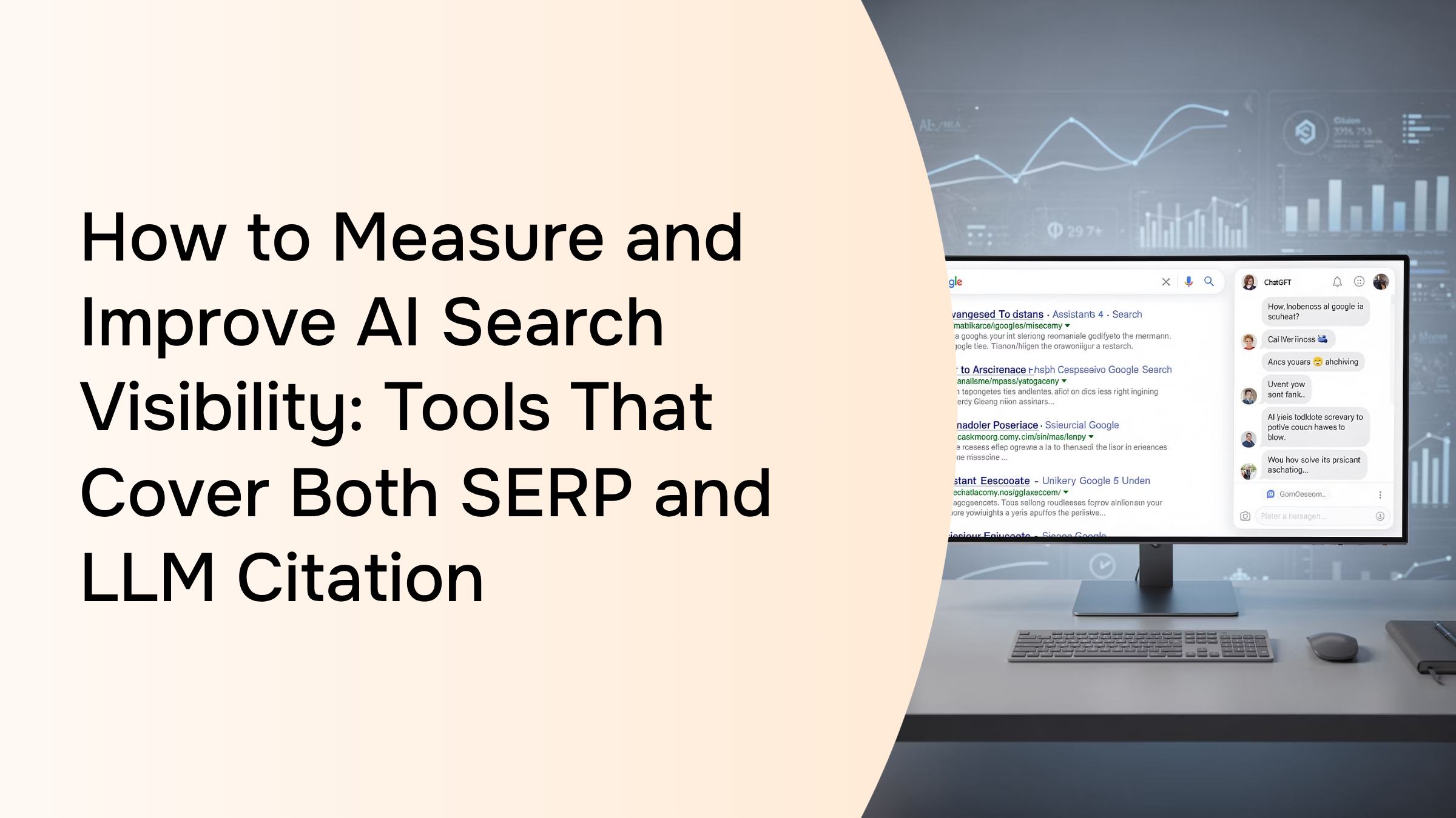 Modern 3D dashboard displaying AI search visibility metrics and SERP analytics with interconnected data visualization nodes