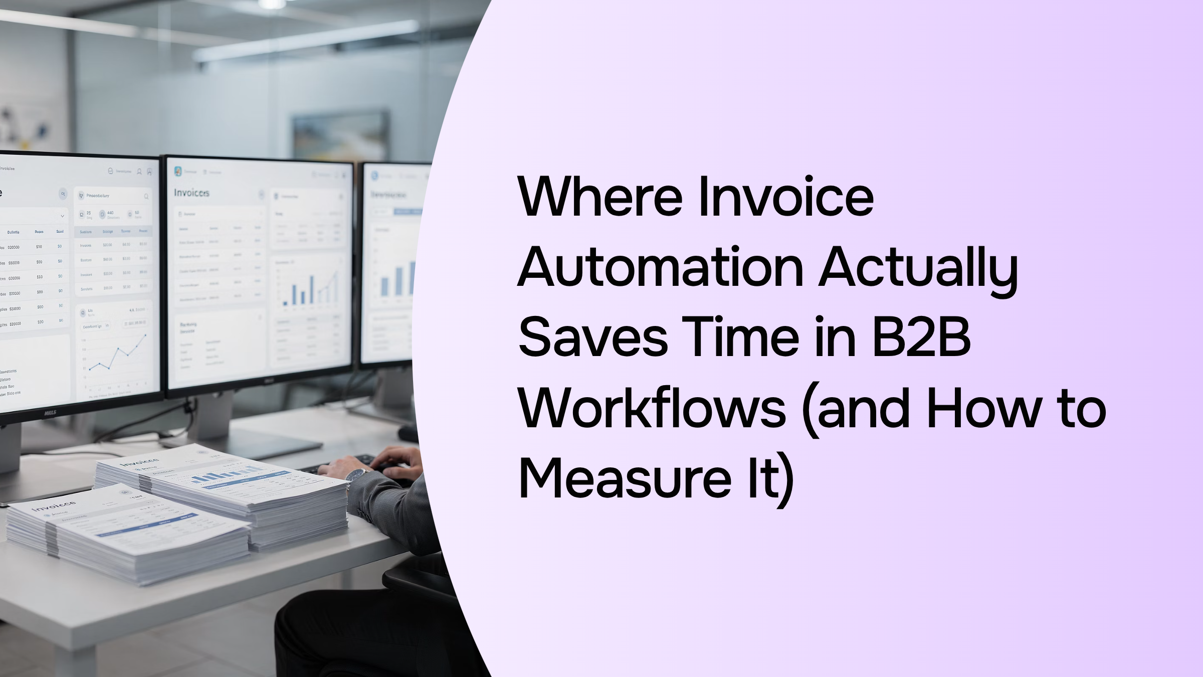 Modern B2B invoice automation workflow with laptop, data visualization, and efficiency icons on clean gradient background