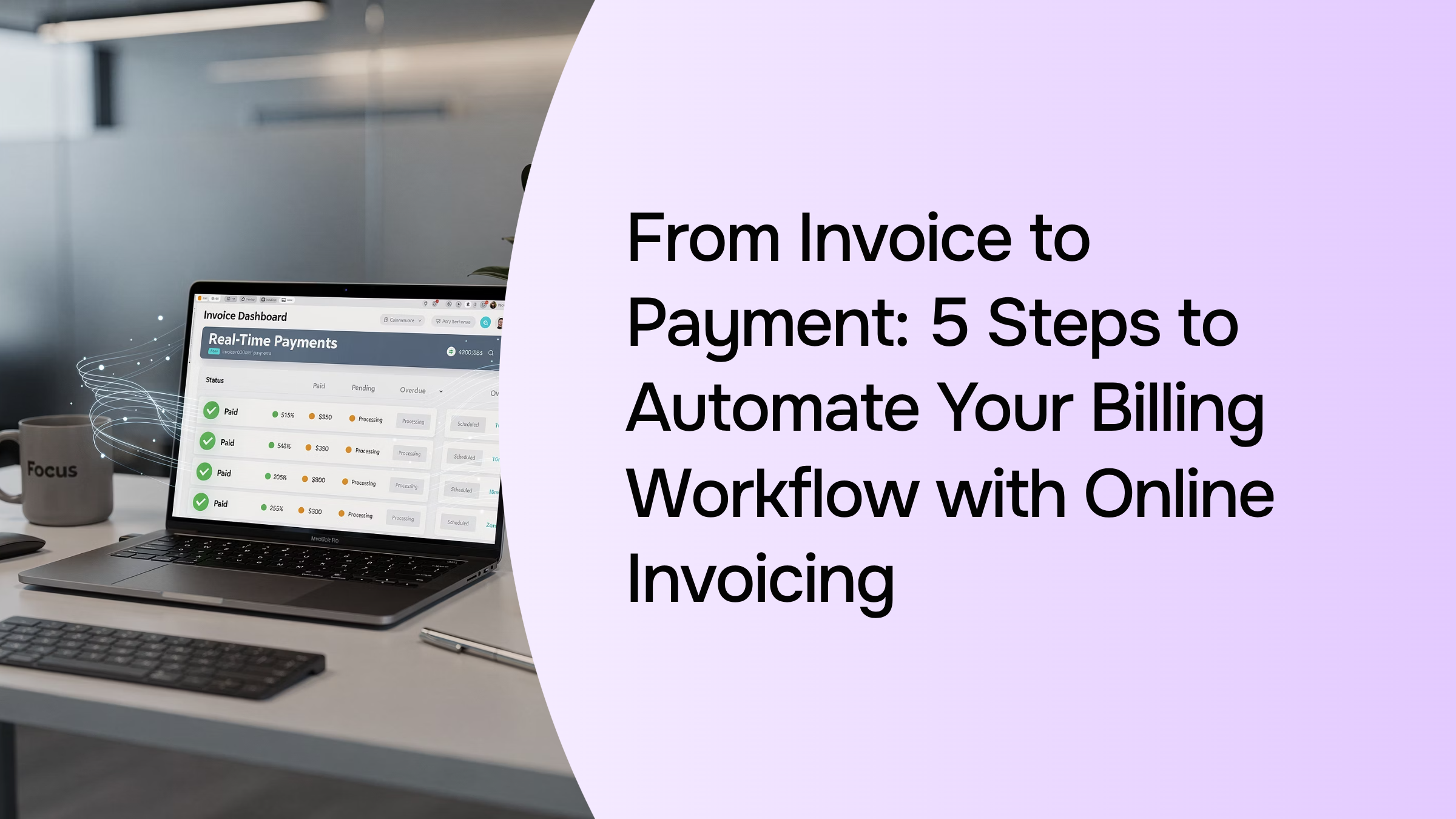 Digital invoice automation workflow with interconnected payment steps in professional blue and silver tones