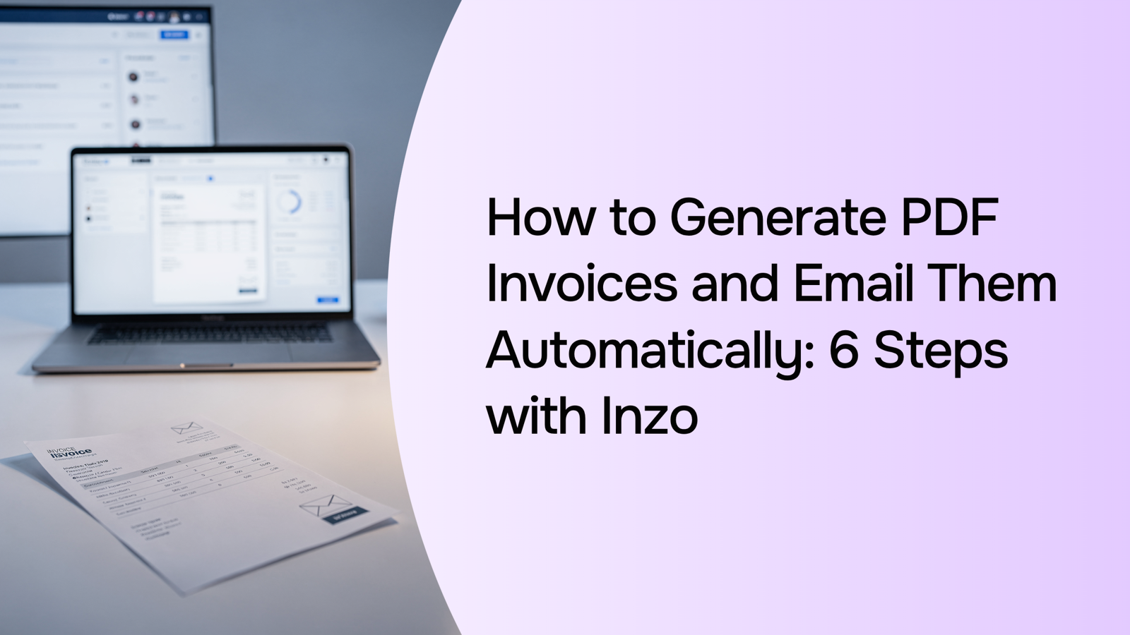 Professional laptop and smartphone displaying automated PDF invoice and email notification in modern office setting