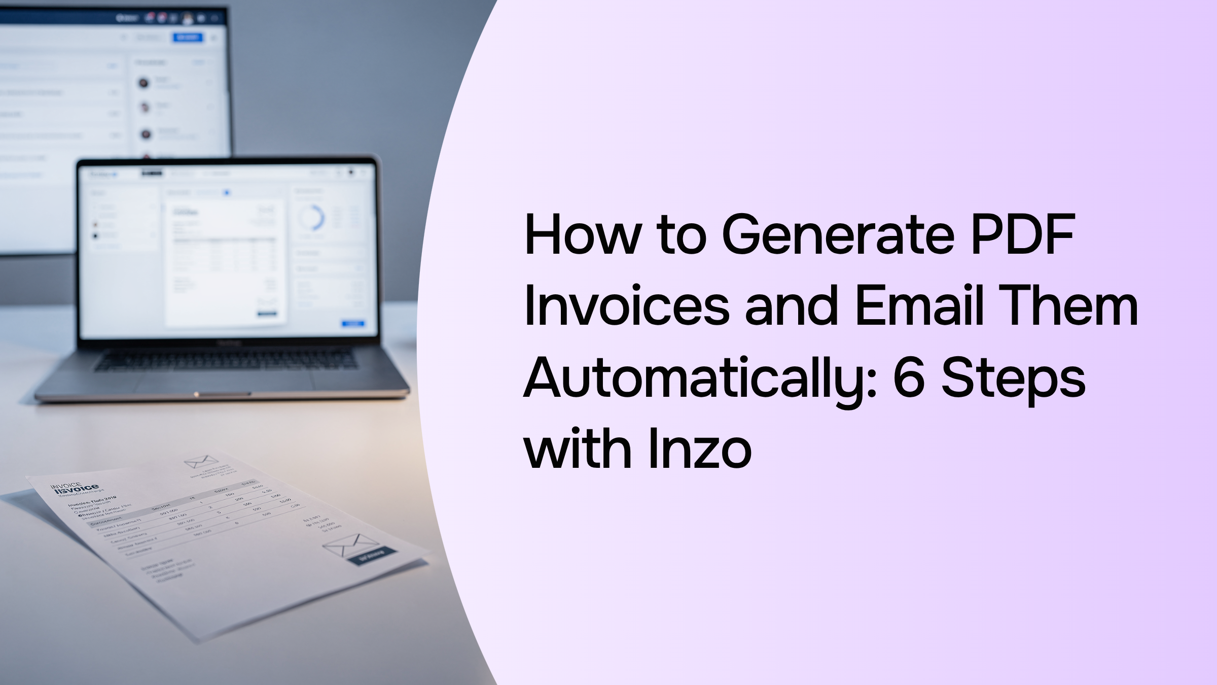 Professional laptop and smartphone displaying automated PDF invoice and email notification in modern office setting