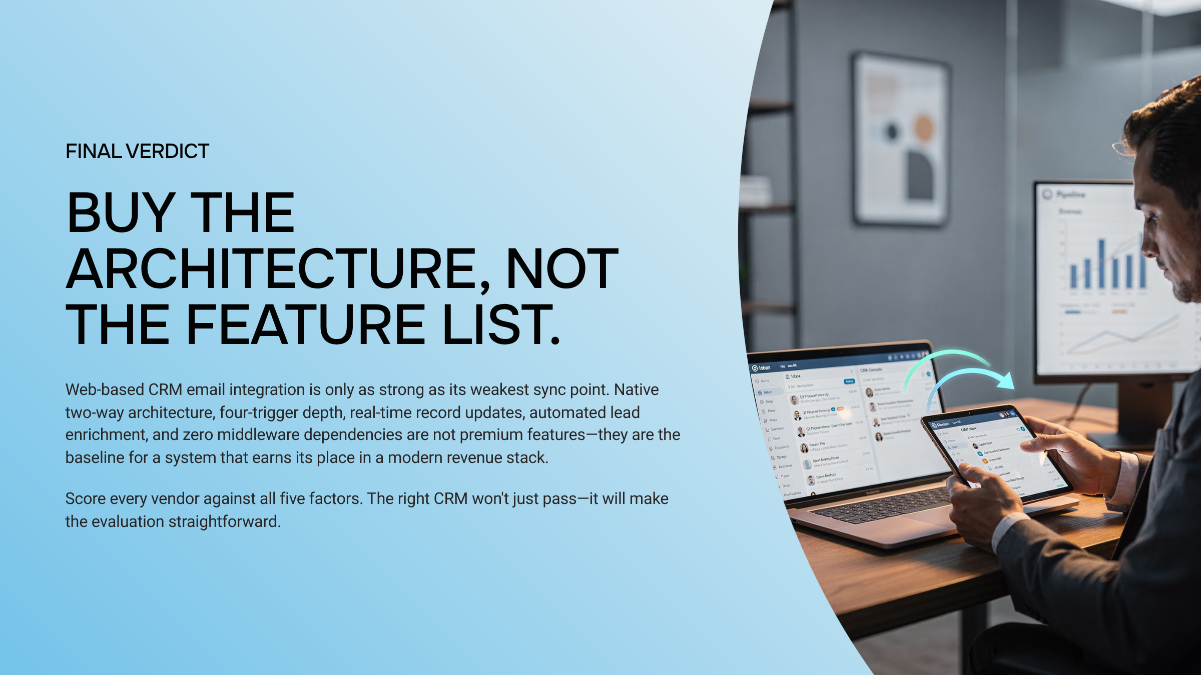 Modern CRM email integration dashboard on monitor with evaluation scorecard visualization in professional office setting