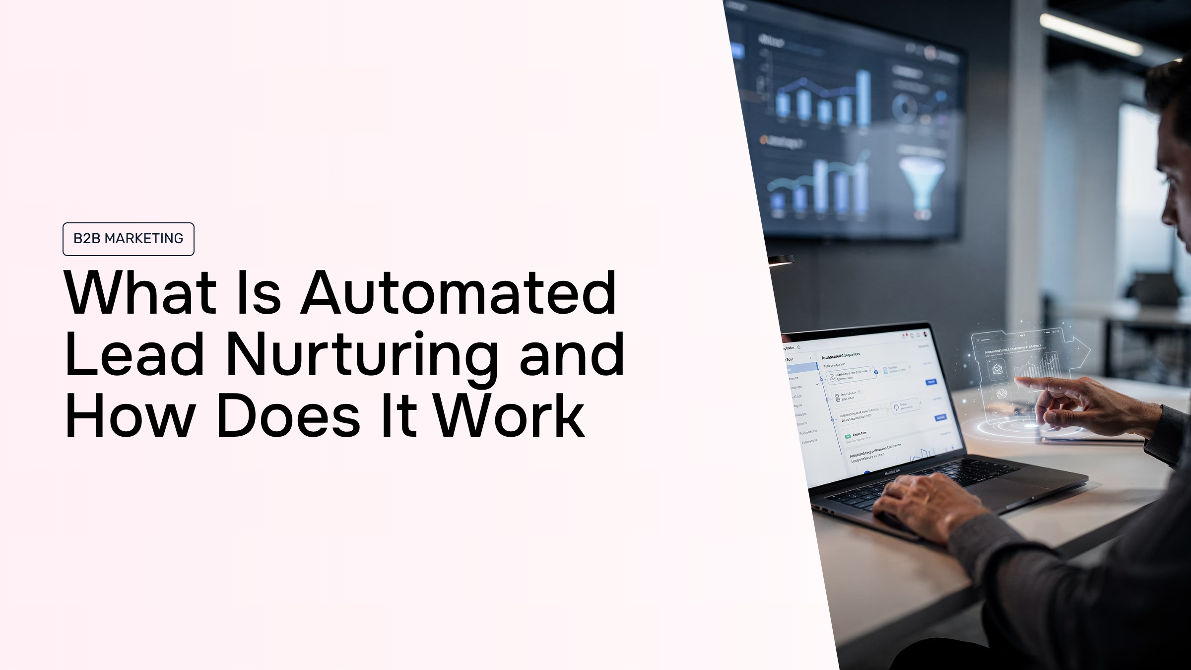 Automated lead nurturing workflow visualization with digital funnel and automation icons in professional blue and silver
