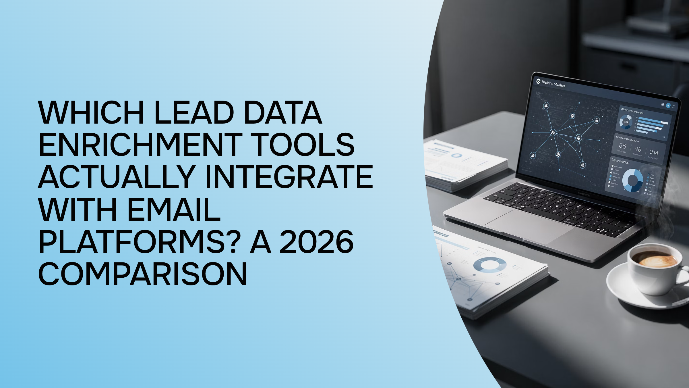 Modern workspace showing laptop with interconnected data and email integration symbols in blue and gray tones