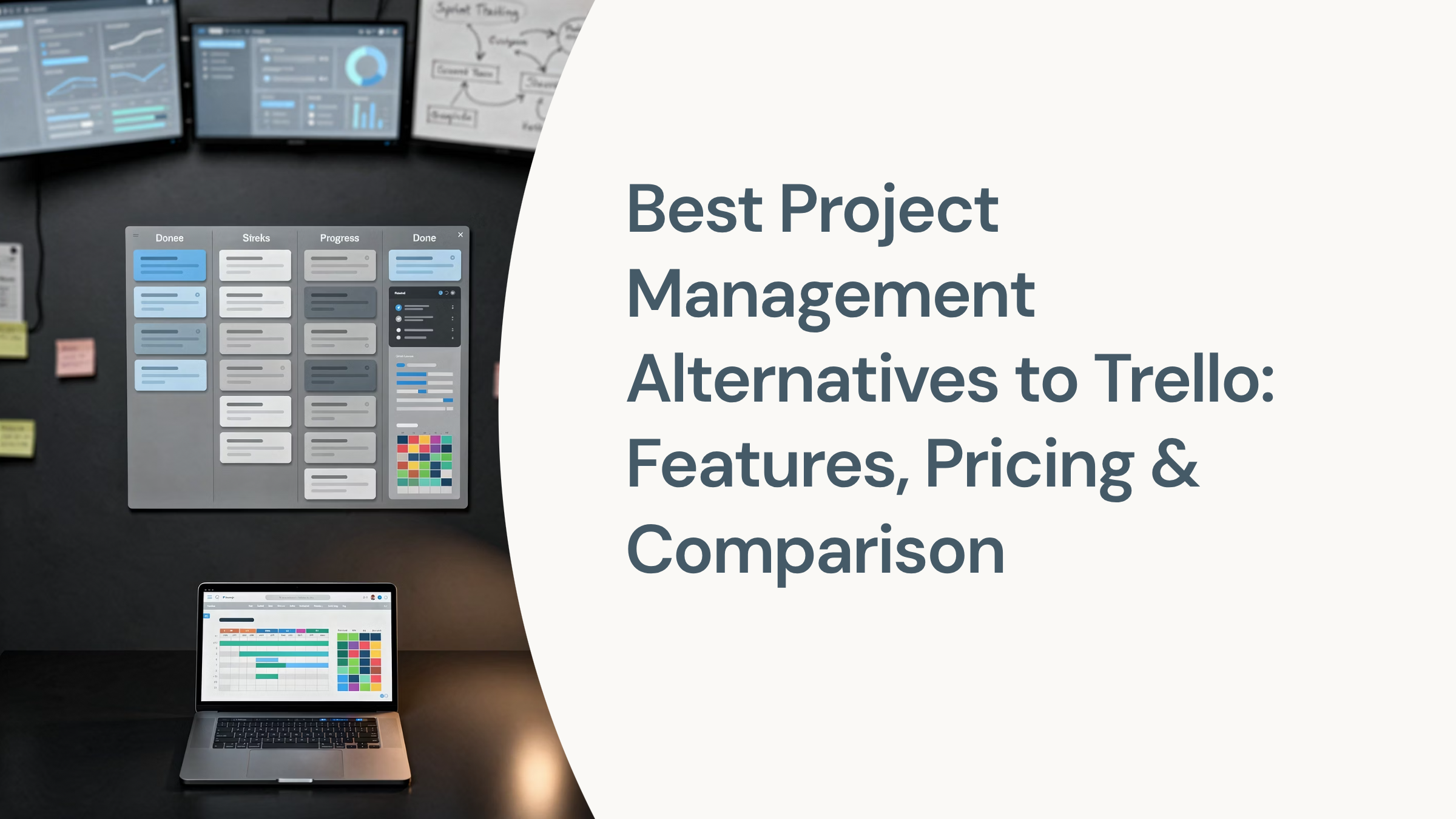 Modern workspace with laptop showing project management dashboard and productivity tools on clean desk