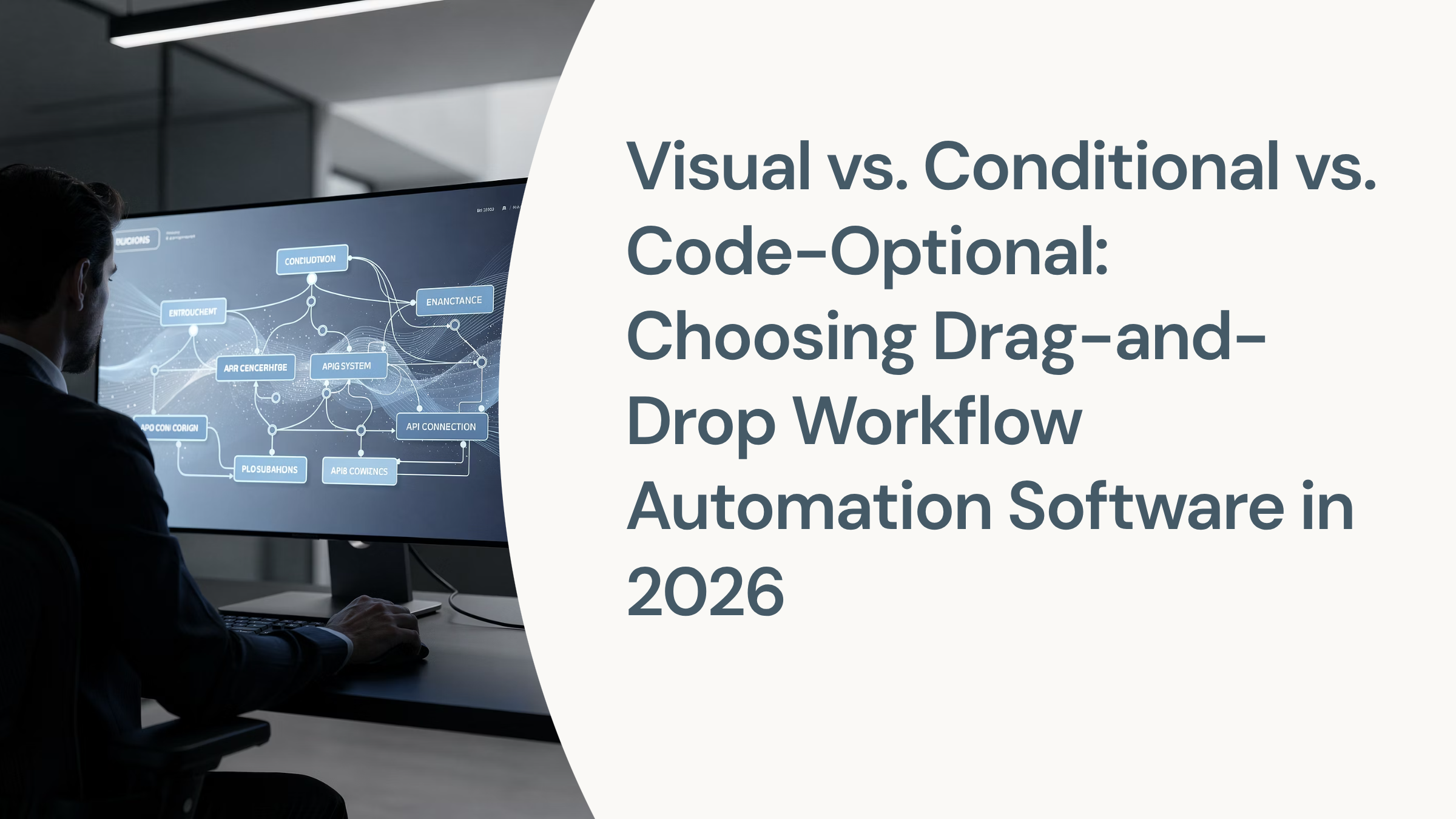 Three workflow automation interface types displayed on monitors: visual drag-and-drop, conditional logic, and code options