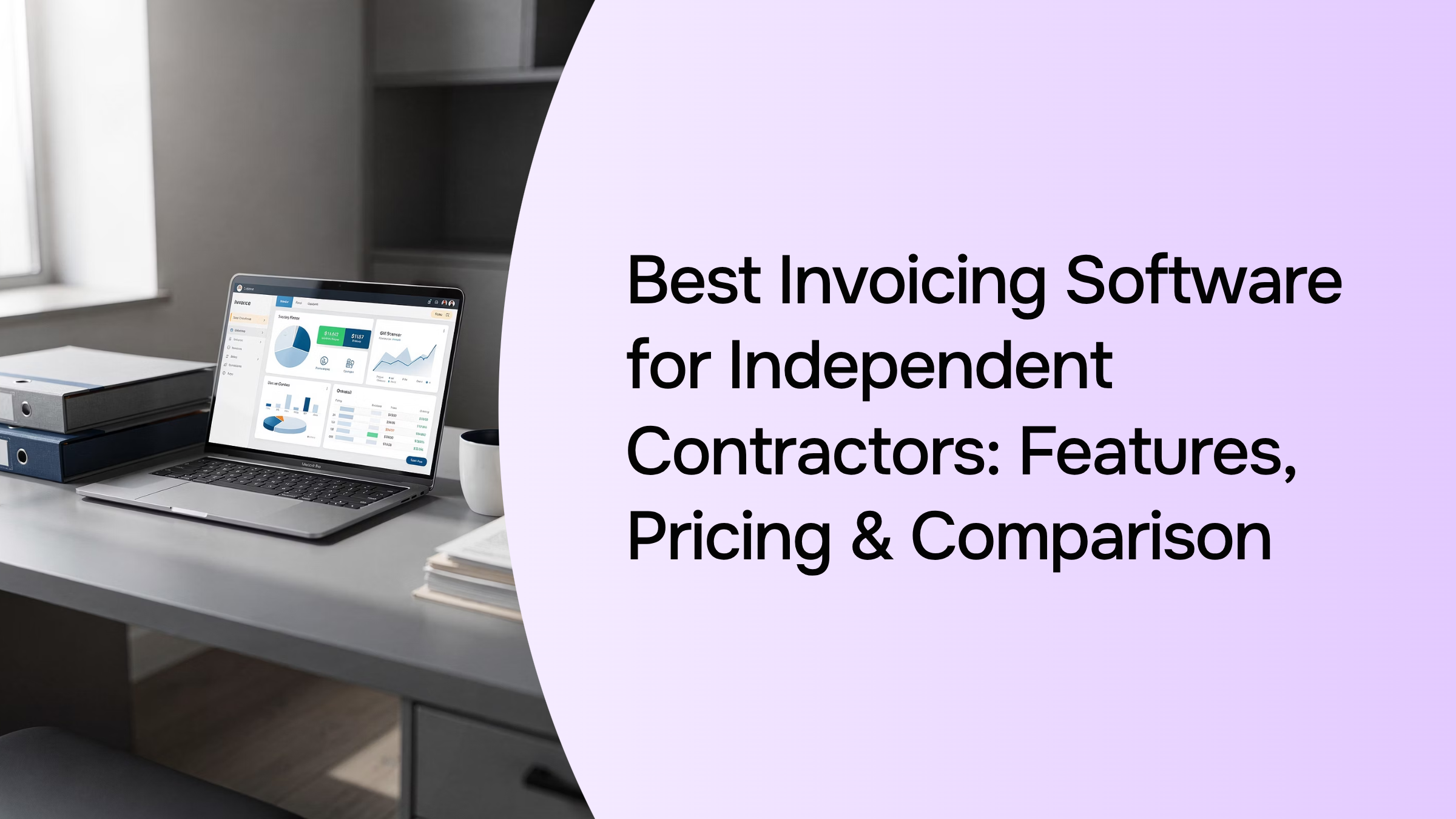 Professional workspace with laptop showing invoices and financial dashboards, representing invoicing software for contractors