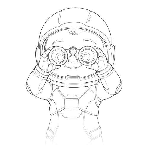 Ranko's astronaut mascot scanning the market through binoculars